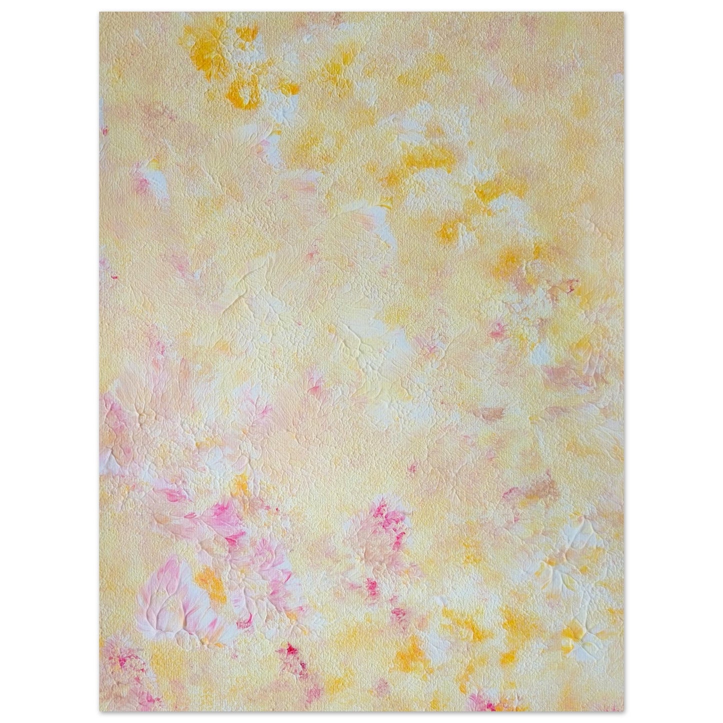 Yellow and pink Feel good one of one-of-a-kind colorful art poster based on original abstract art created by up-and-coming artist Scandinavian Jeanette Haga as decor for modern home on a white wall