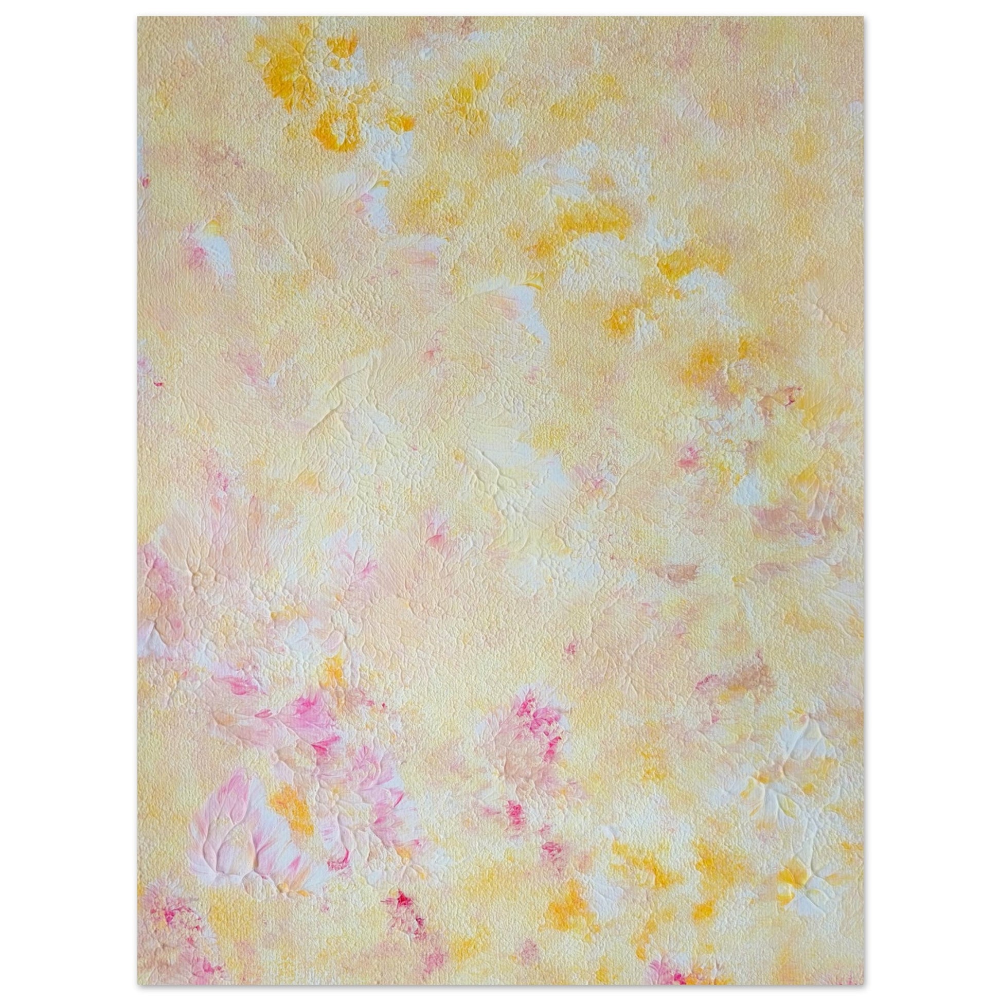 Yellow and pink Feel good one of one-of-a-kind colorful art poster based on original abstract art created by up-and-coming artist Scandinavian Jeanette Haga as decor for modern home on a white wall