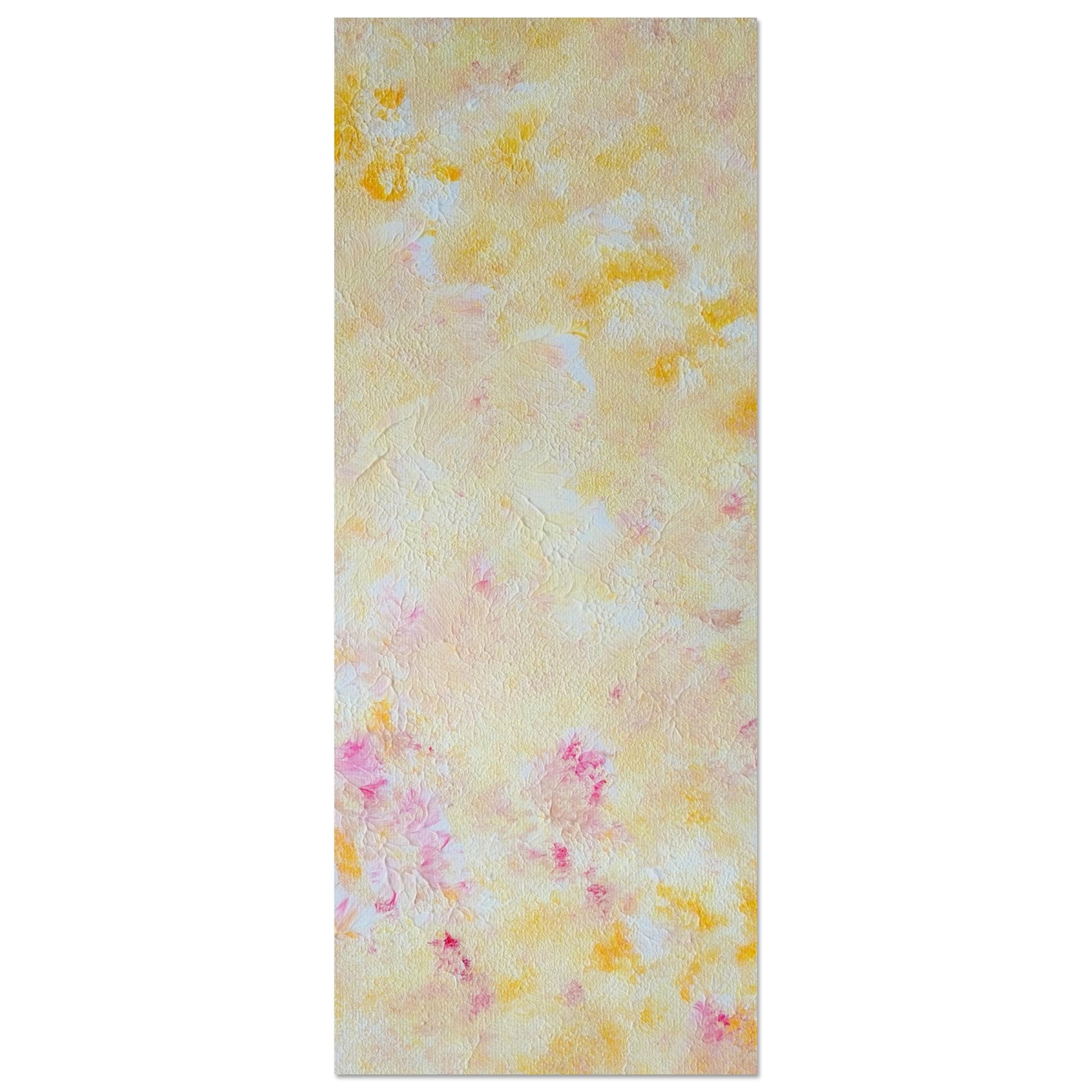 Yellow and pink Feel good one of one-of-a-kind colorful art poster based on original abstract art created by up-and-coming artist Scandinavian Jeanette Haga as decor for modern home on a white wall