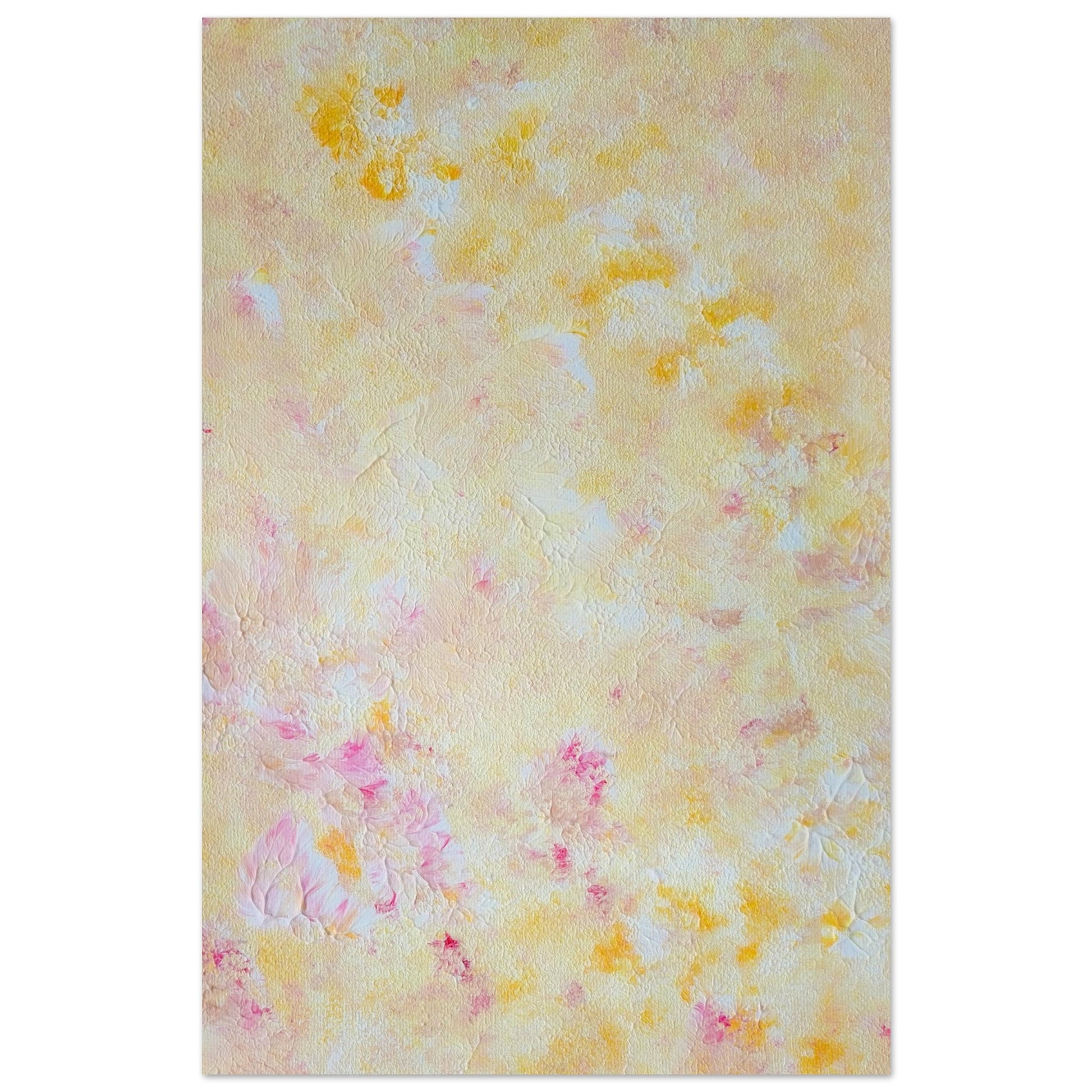 Yellow and pink Feel good one of one-of-a-kind colorful art poster based on original abstract art created by up-and-coming artist Scandinavian Jeanette Haga as decor for modern home on a white wall