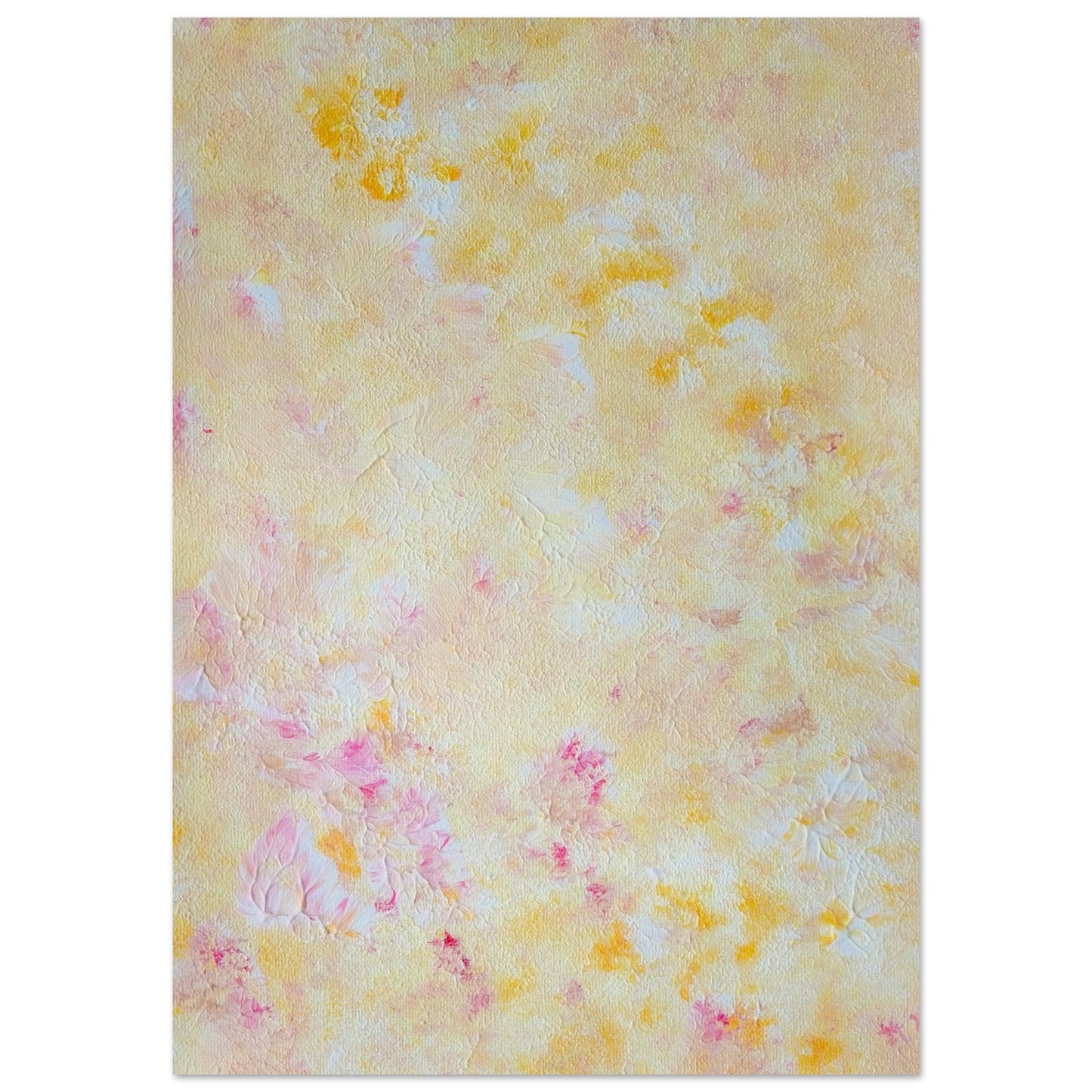 Yellow and pink Feel good one of one-of-a-kind colorful art poster based on original abstract art created by up-and-coming artist Scandinavian Jeanette Haga as decor for modern home on a white wall