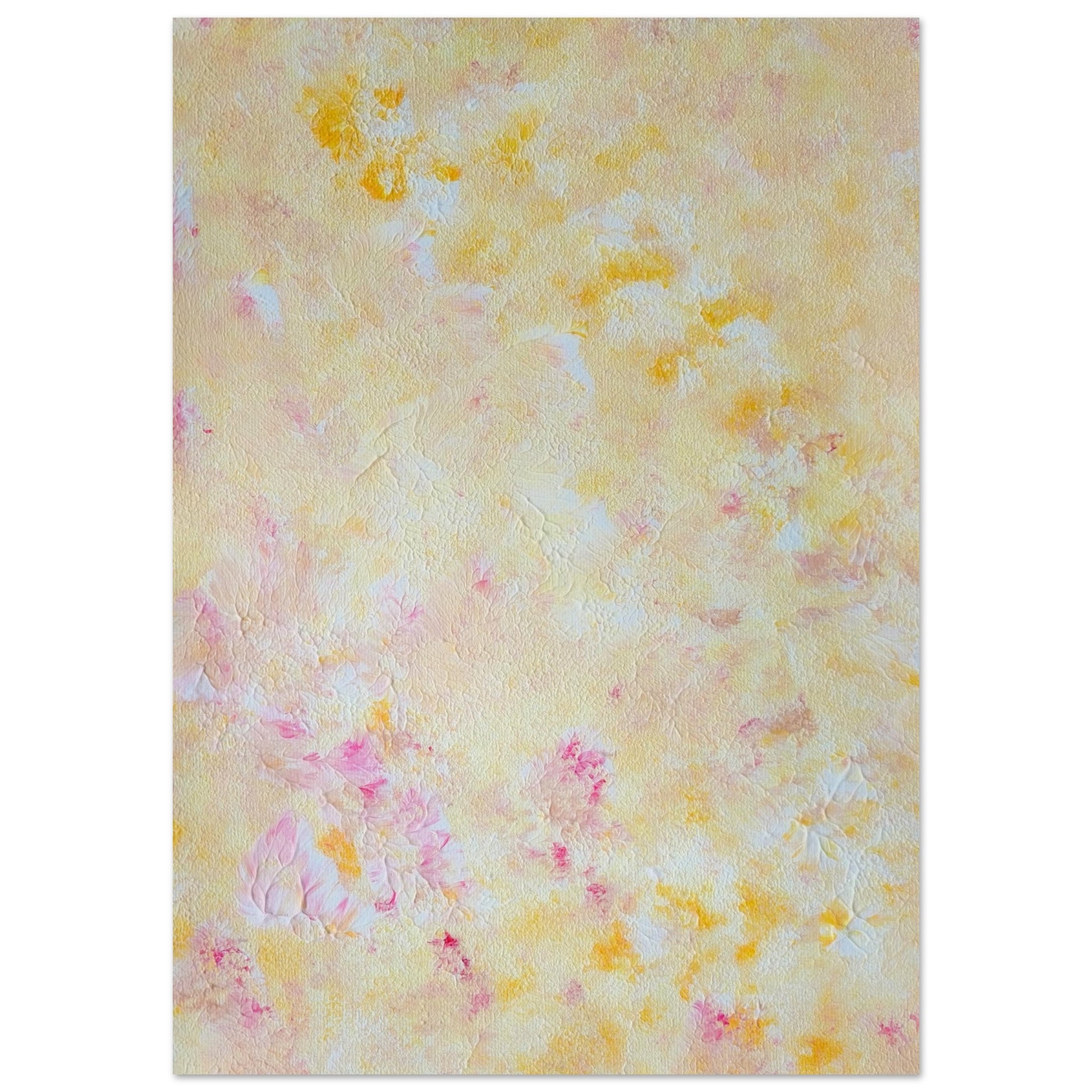 Yellow and pink Feel good one of one-of-a-kind colorful art poster based on original abstract art created by up-and-coming artist Scandinavian Jeanette Haga as decor for modern home on a white wall