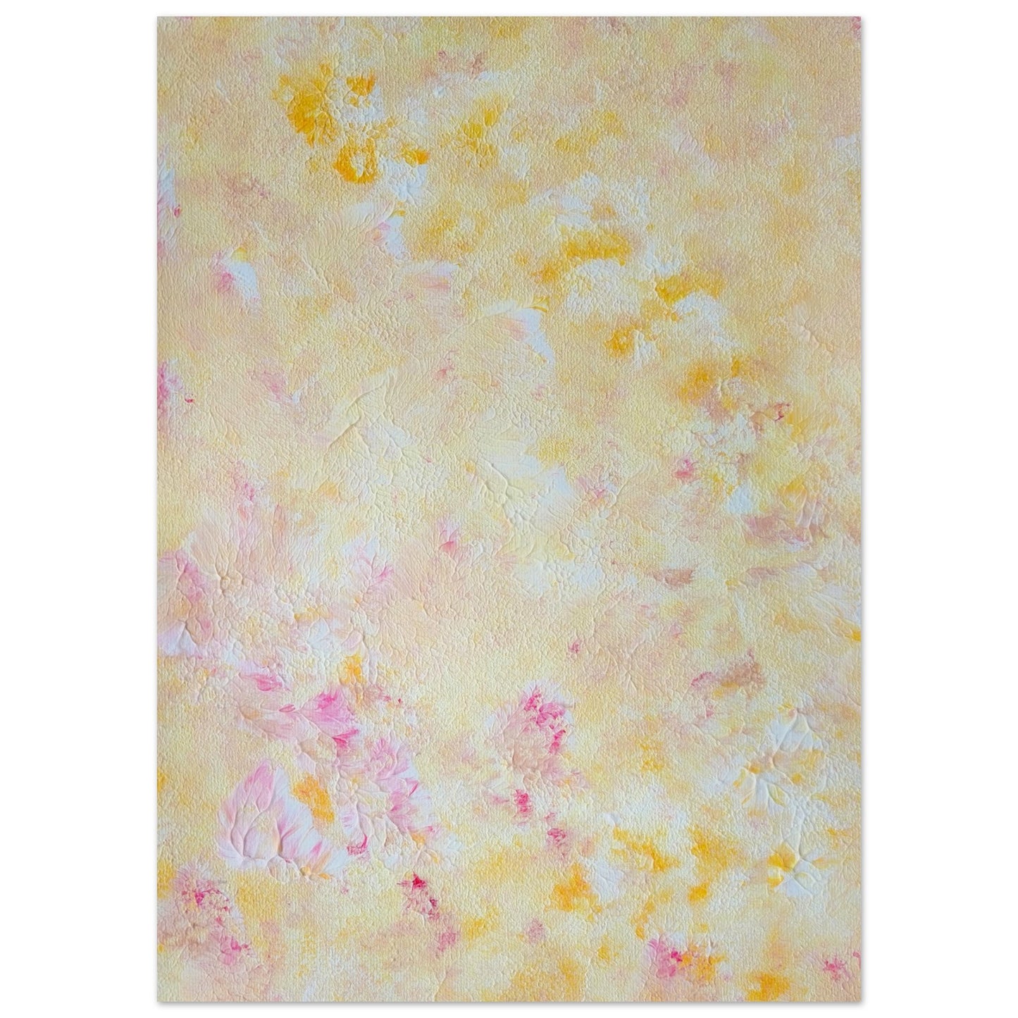 Yellow and pink Feel good one of one-of-a-kind colorful art poster based on original abstract art created by up-and-coming artist Scandinavian Jeanette Haga as decor for modern home on a white wall