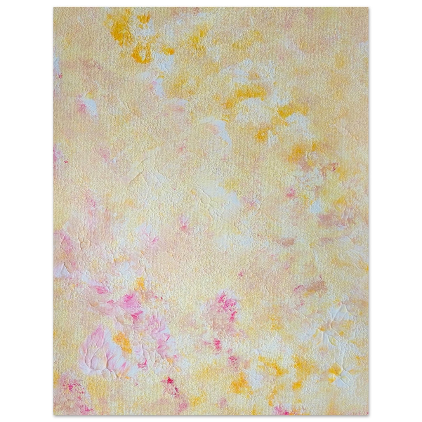 Yellow and pink Feel good one of one-of-a-kind colorful art poster based on original abstract art created by up-and-coming artist Scandinavian Jeanette Haga as decor for modern home on a white wall