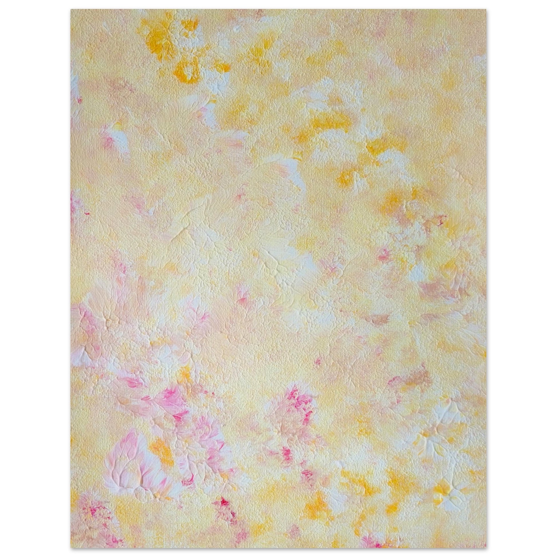Yellow and pink Feel good one of one-of-a-kind colorful art poster based on original abstract art created by up-and-coming artist Scandinavian Jeanette Haga as decor for modern home on a white wall