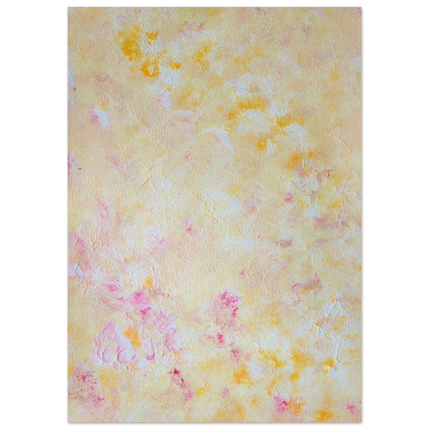 Yellow and pink Feel good one of one-of-a-kind colorful art poster based on original abstract art created by up-and-coming artist Scandinavian Jeanette Haga as decor for modern home on a white wall