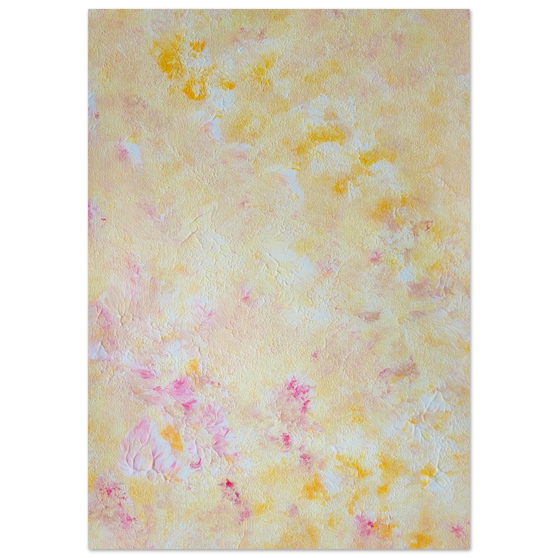 Yellow and pink Feel good one of one-of-a-kind colorful art poster based on original abstract art created by up-and-coming artist Scandinavian Jeanette Haga as decor for modern home on a white wall