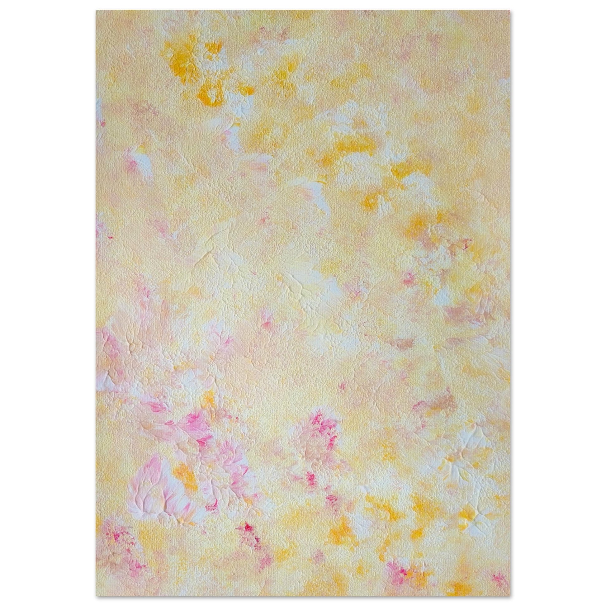 Yellow and pink Feel good one of one-of-a-kind colorful art poster based on original abstract art created by up-and-coming artist Scandinavian Jeanette Haga as decor for modern home on a white wall