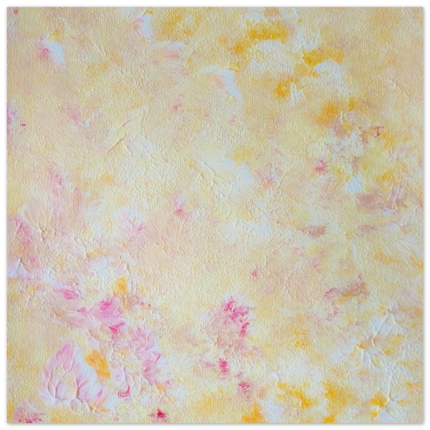 Yellow and pink Feel good one of one-of-a-kind colorful art poster based on original abstract art created by up-and-coming artist Scandinavian Jeanette Haga as decor for modern home on a white wall