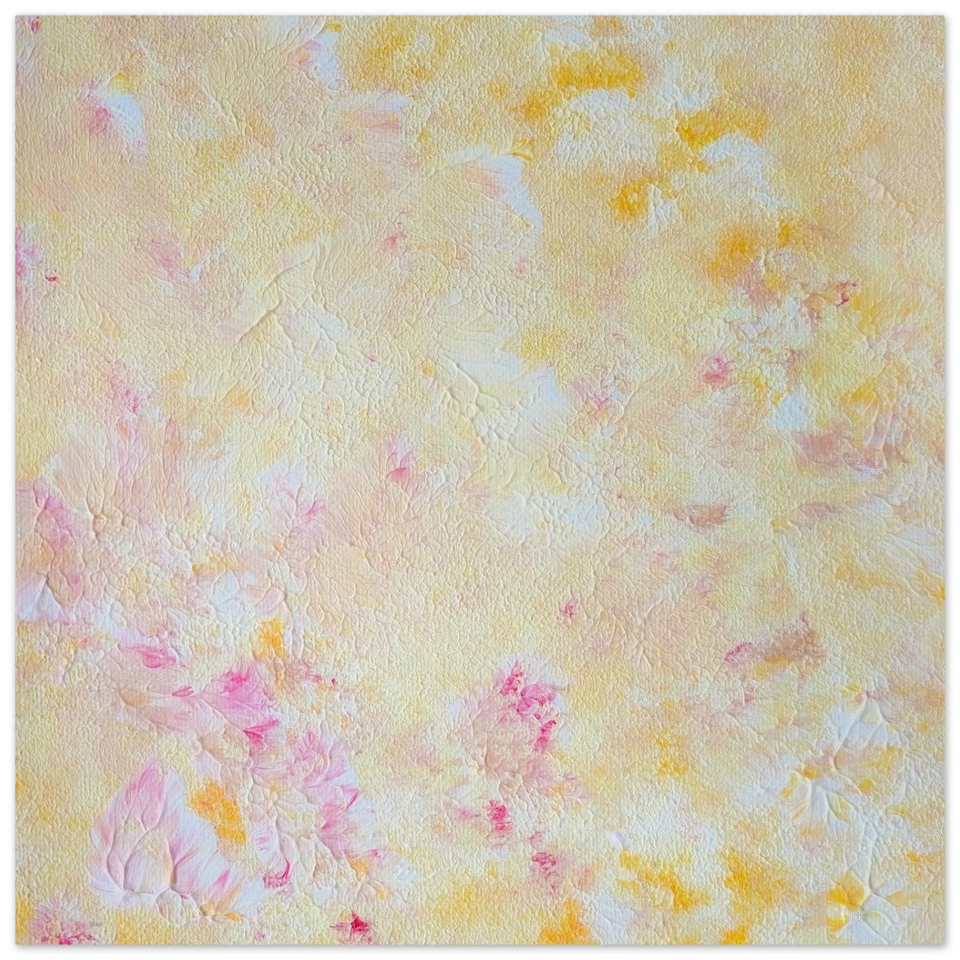 Yellow and pink Feel good one of one-of-a-kind colorful art poster based on original abstract art created by up-and-coming artist Scandinavian Jeanette Haga as decor for modern home on a white wall