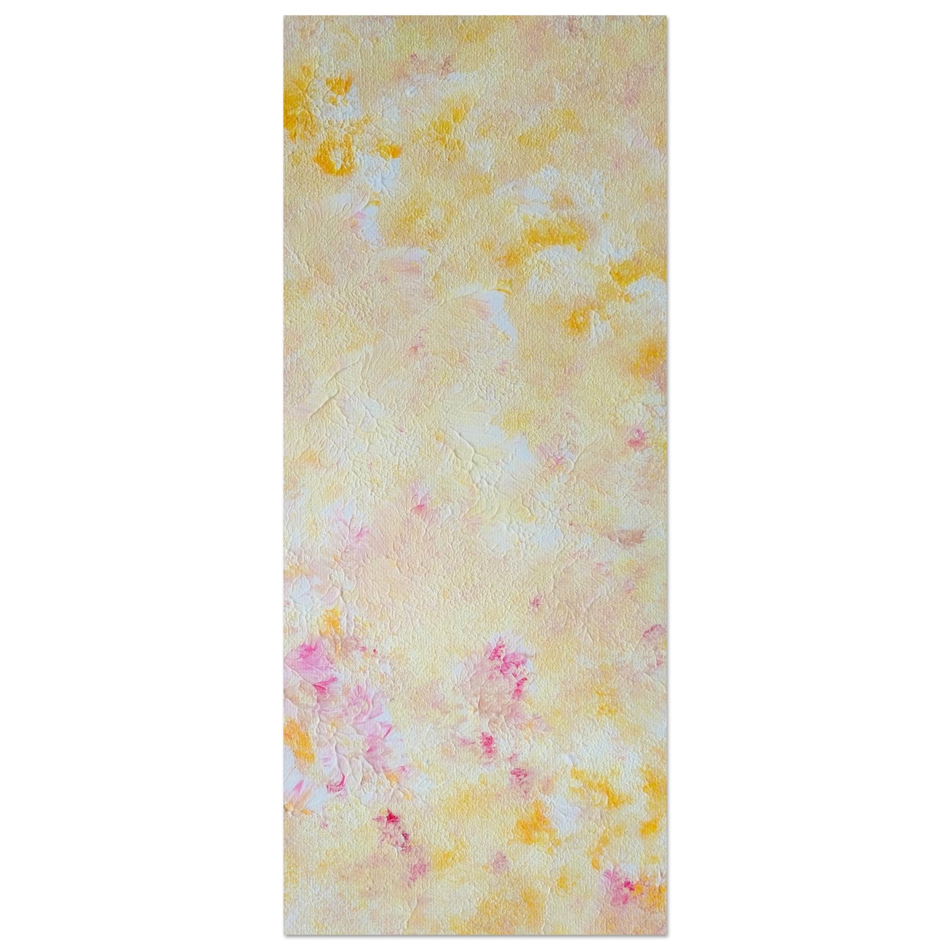 Yellow and pink Feel good one of one-of-a-kind colorful art poster based on original abstract art created by up-and-coming artist Scandinavian Jeanette Haga as decor for modern home on a white wall