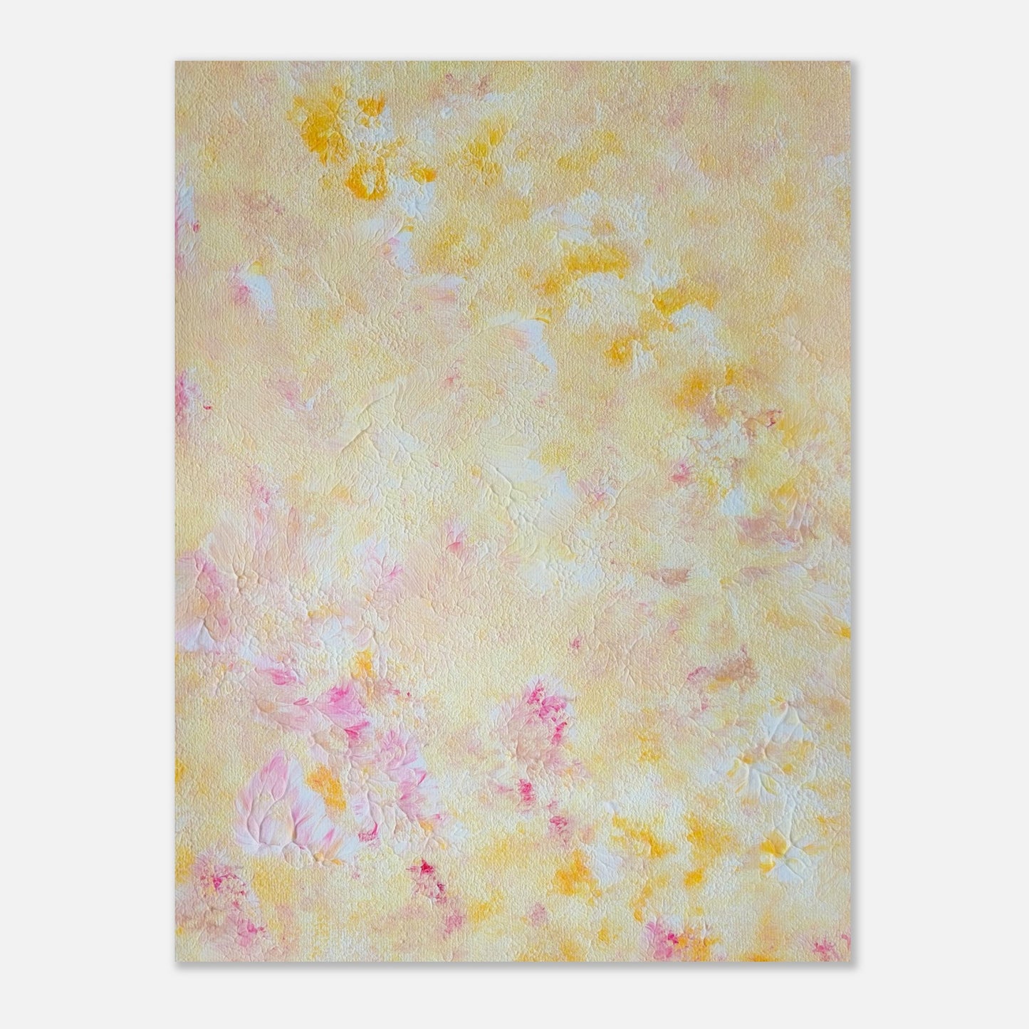 Yellow and pink Feel good one of one-of-a-kind colorful art poster based on original abstract art created by up-and-coming artist Scandinavian Jeanette Haga as decor for modern home on a white wall
