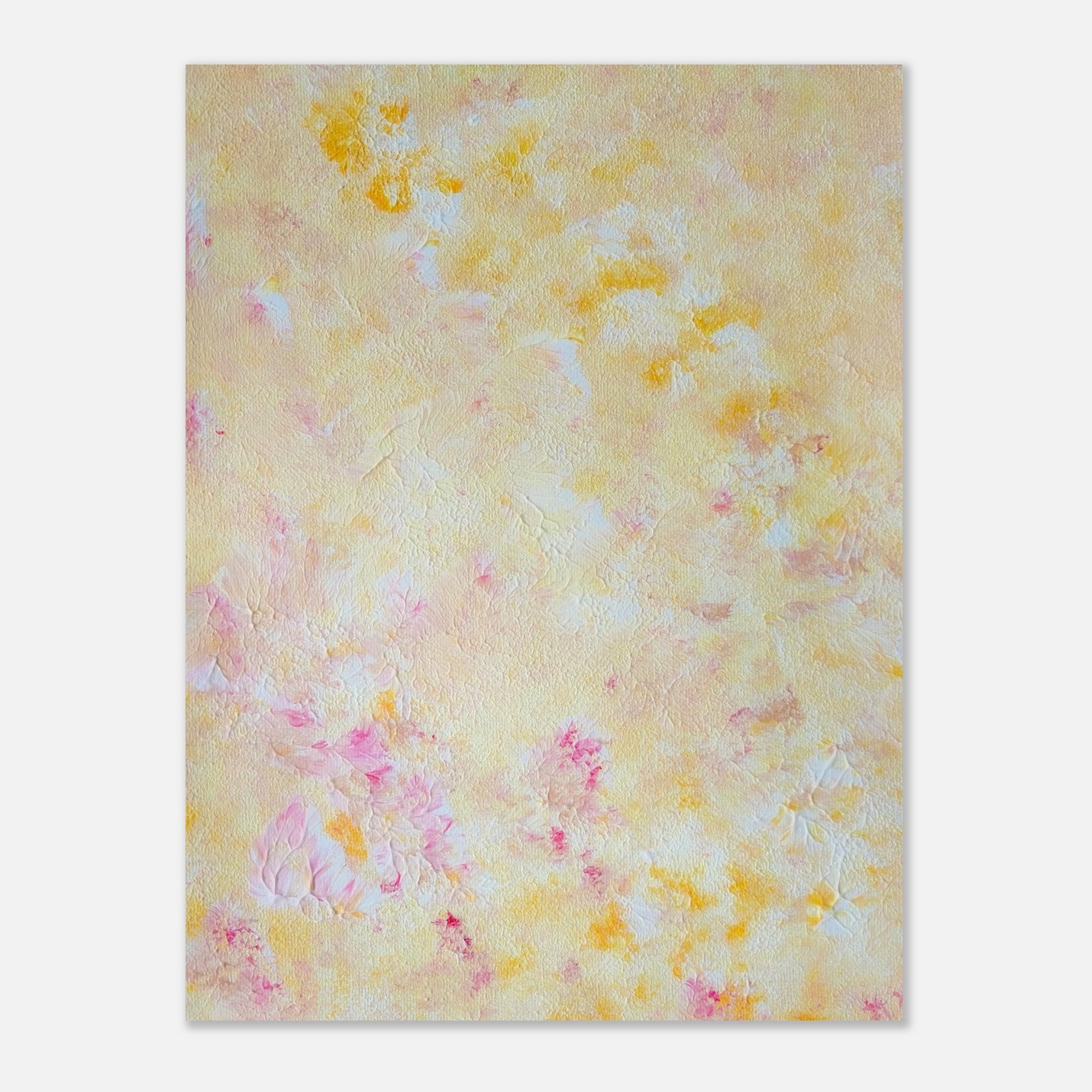 Yellow and pink Feel good one of one-of-a-kind colorful art poster based on original abstract art created by up-and-coming artist Scandinavian Jeanette Haga as decor for modern home on a white wall