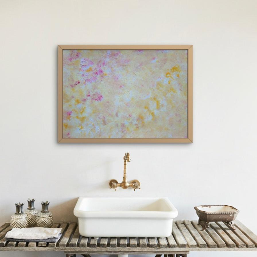 Yellow and pink Feel good one of one-of-a-kind colorful art poster based on original abstract art created by up-and-coming artist Scandinavian Jeanette Haga as decor in a chique bathroom