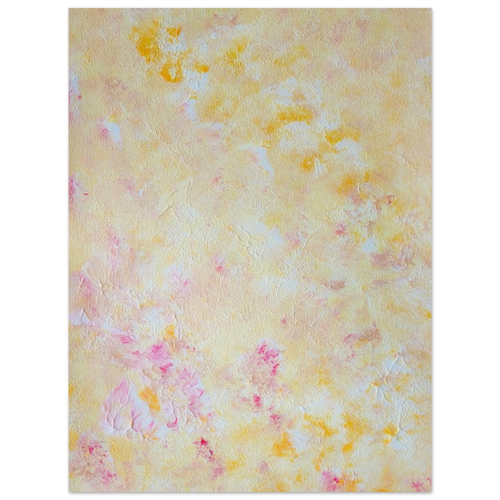Yellow and pink Feel good one of one-of-a-kind colorful art poster based on original abstract art created by up-and-coming artist Scandinavian Jeanette Haga as decor for modern home on a white wall