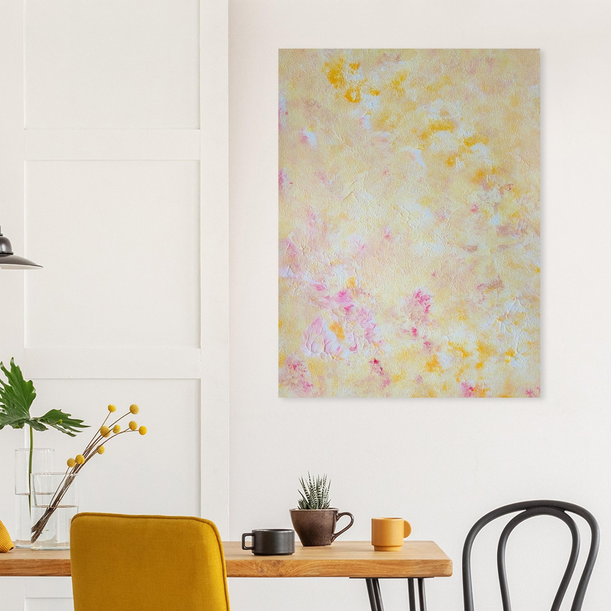 Yellow and pink Feel good one of one-of-a-kind colorful art poster based on original abstract art created by up-and-coming artist Scandinavian Jeanette Haga as decor in a modern dining room