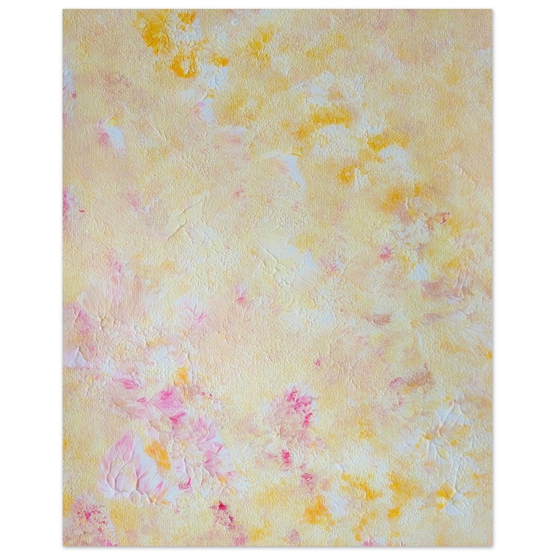 Yellow and pink Feel good one of one-of-a-kind colorful art poster based on original abstract art created by up-and-coming artist Scandinavian Jeanette Haga as decor for modern home on a white wall