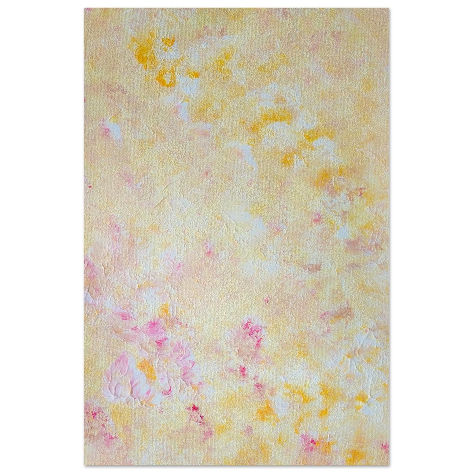 Yellow and pink Feel good one of one-of-a-kind colorful art poster based on original abstract art created by up-and-coming artist Scandinavian Jeanette Haga as decor for modern home on a white wall