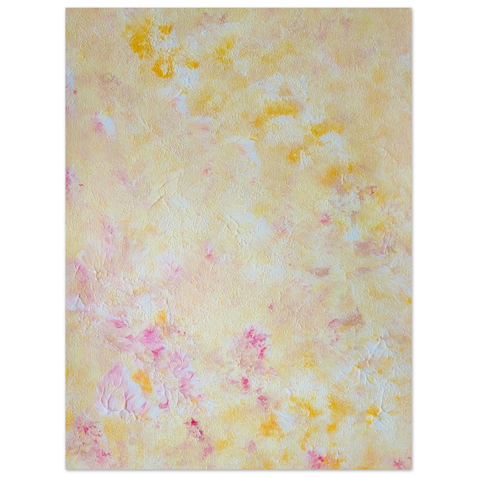 Yellow and pink Feel good one of one-of-a-kind colorful art poster based on original abstract art created by up-and-coming artist Scandinavian Jeanette Haga as decor for modern home on a white wall