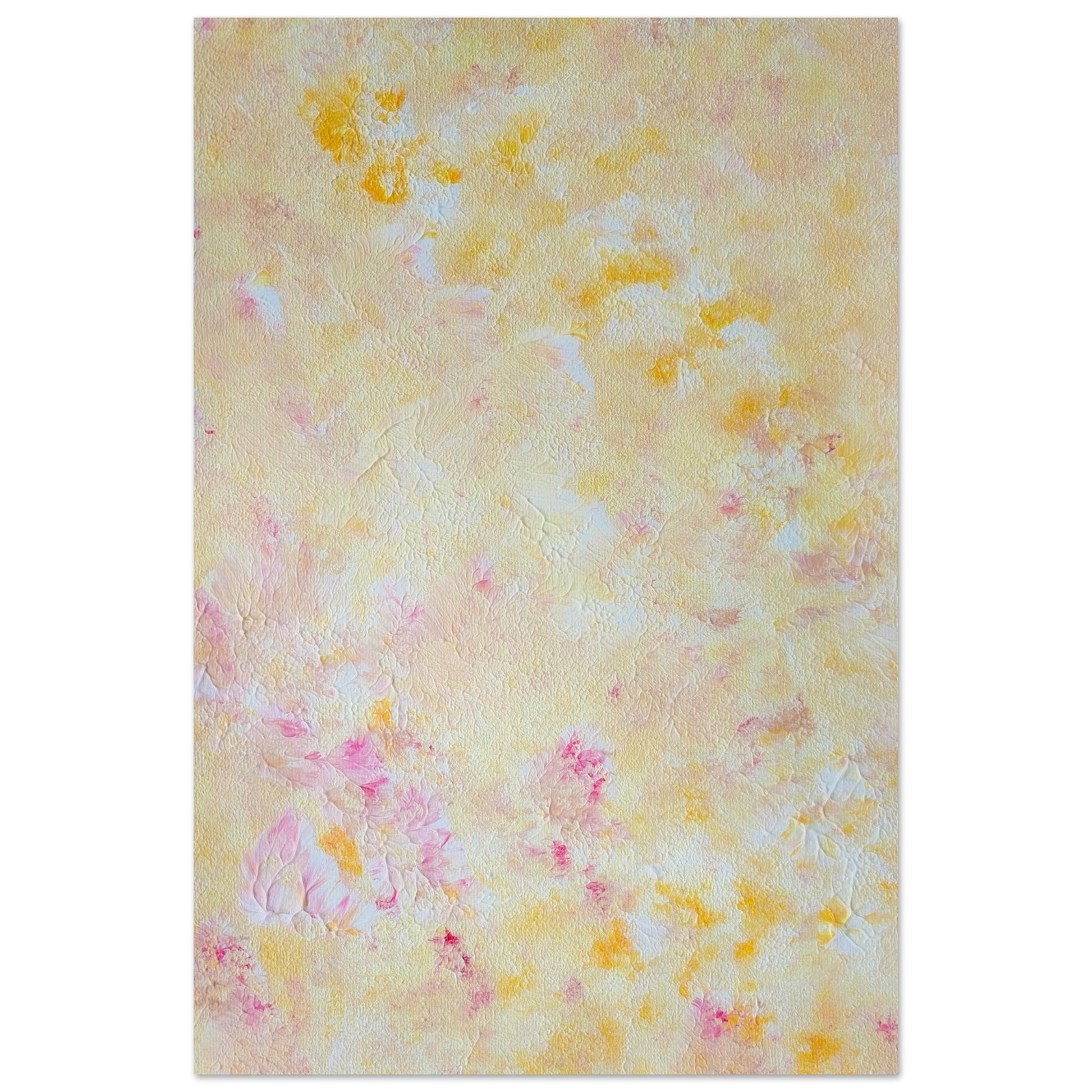 Yellow and pink Feel good one of one-of-a-kind colorful art poster based on original abstract art created by up-and-coming artist Scandinavian Jeanette Haga as decor for modern home on a white wall