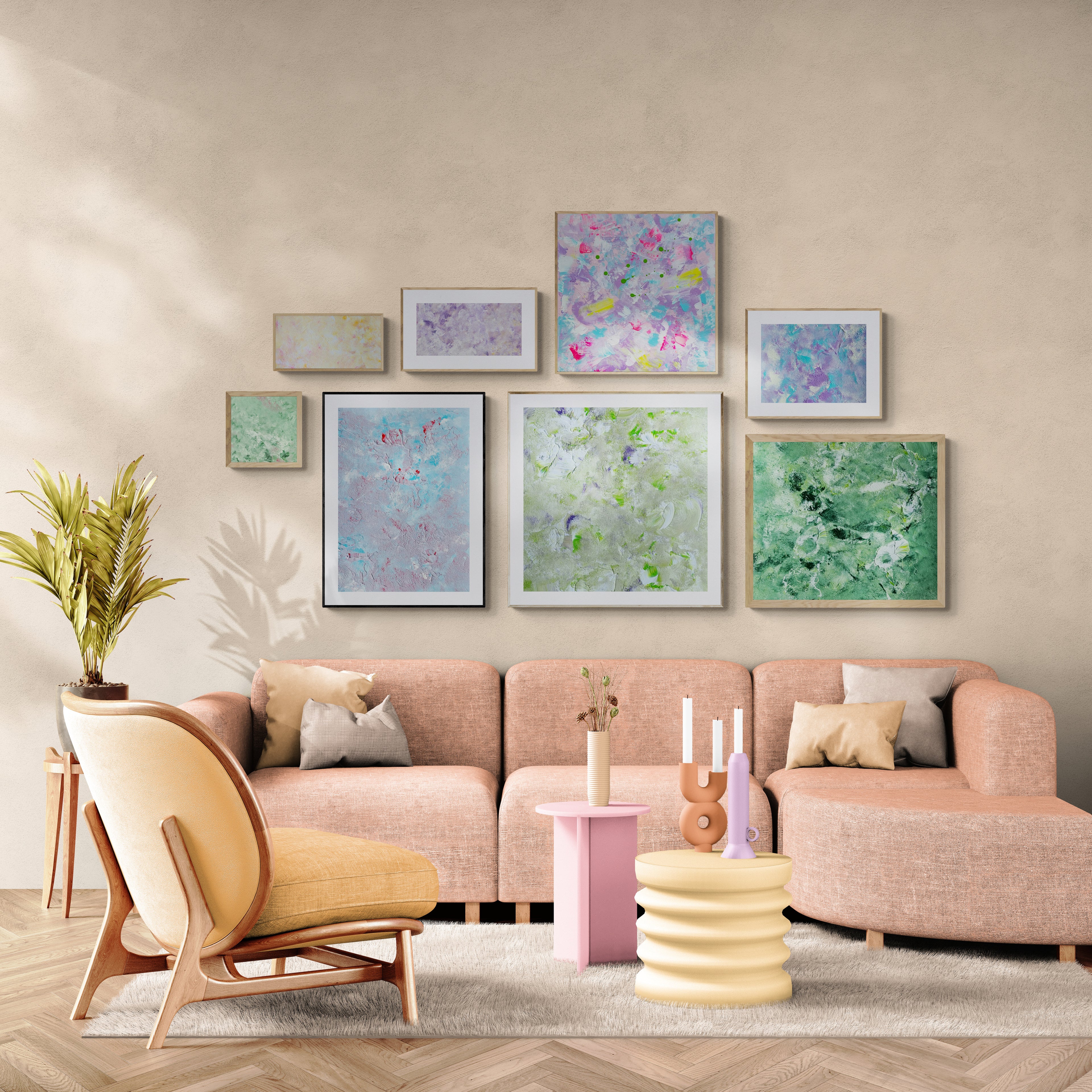 Vibrant, Feel good one-of-a-kind colorful art posters and original art created by up-and-coming artist Scandinavian Jeanette Haga as decor in a modern home on a beige wall