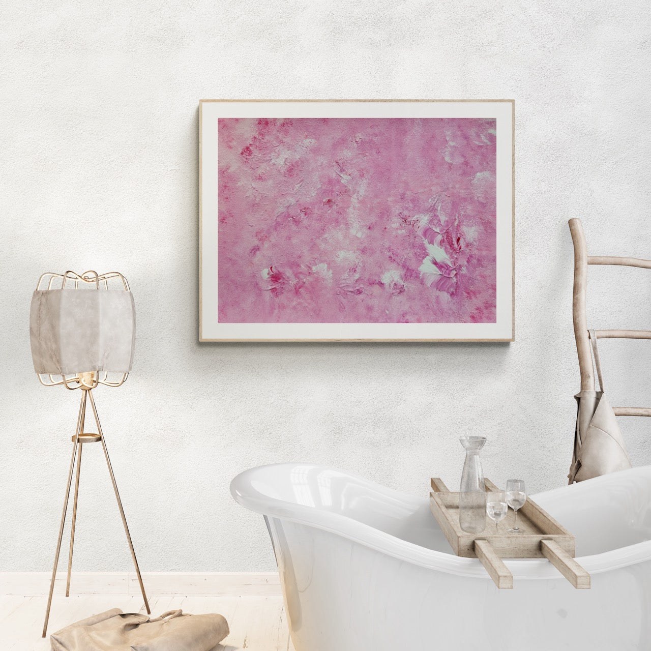 Bright red and white one-of-a-kind original acrylic feel-good Scandinavian art painted by Jeanette Haga towards hanging in a cheerful and modern, bohemian bathroom