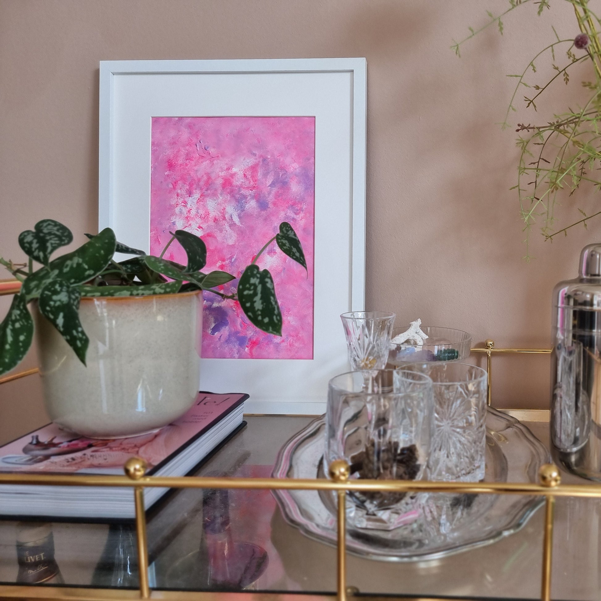 Bright pink, feel-good one of a kind colorful original abstract art created by up-and-coming Scandinavian artist Jeanette Haga as decor for modern homes