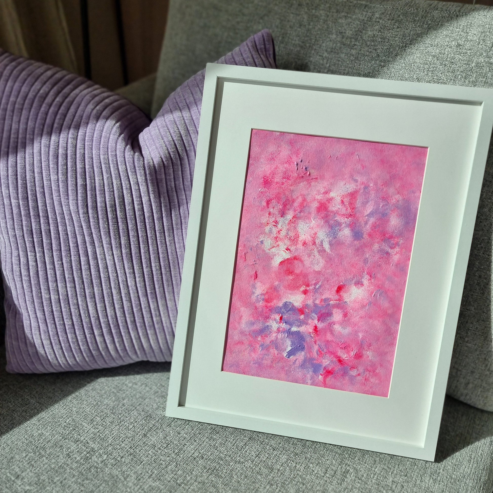 Bright pink, feel-good one of a kind colorful original abstract art created by up-and-coming Scandinavian artist Jeanette Haga as decor for modern homes