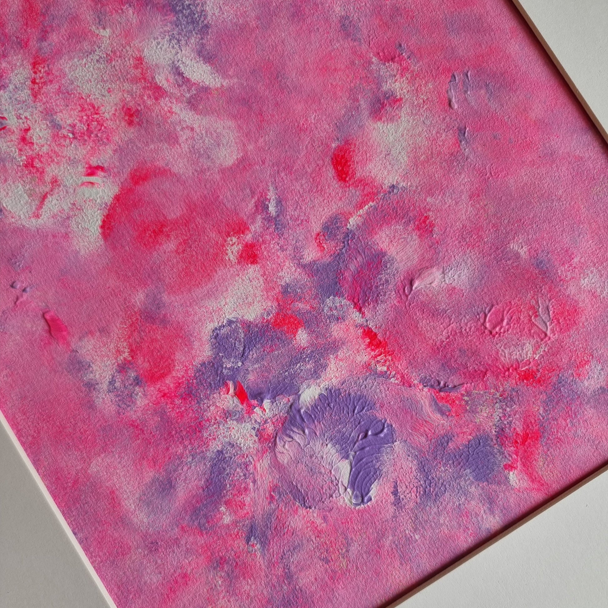 Close-up of Pink, purple and white abstract original acrylic painting created by Scandinavian artist jeanette haga