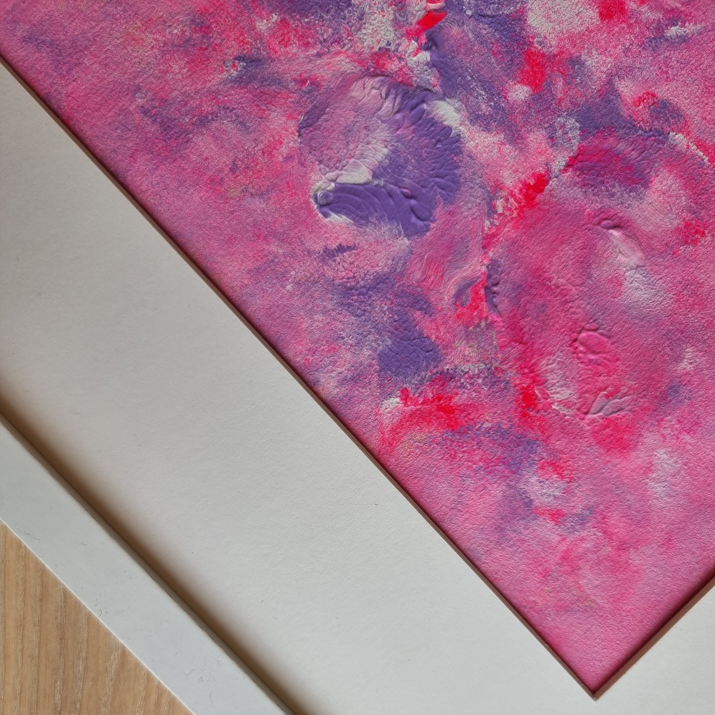 Close up of Pink, purple and white abstract original acrylic painting by Scandinavian artist jeanette haga