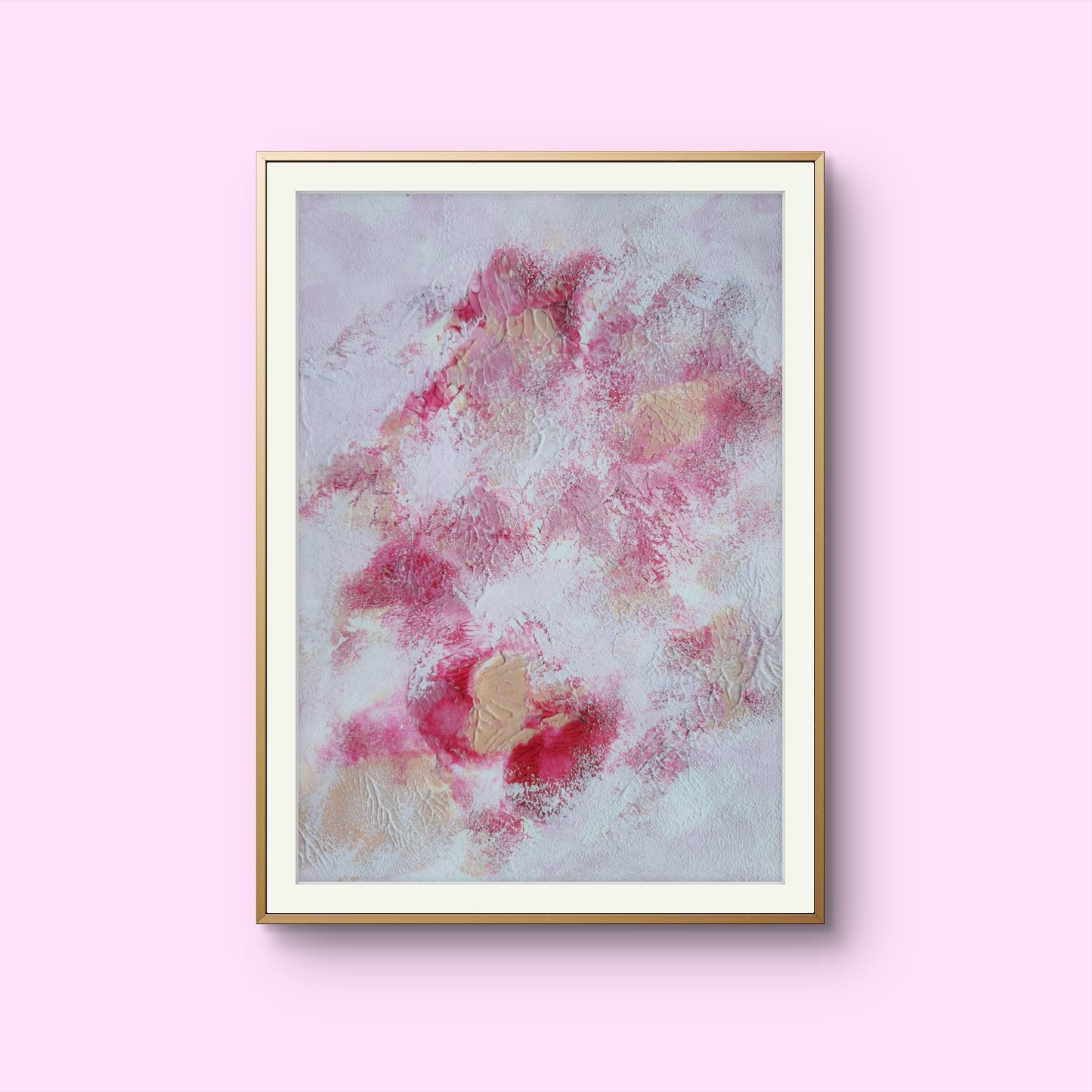 Pink, red and white, Feel good one of one-of-a-kind colorful art poster based on original abstract art created by up-and-coming artist Jeanette Haga as decor for modern home on a white wall