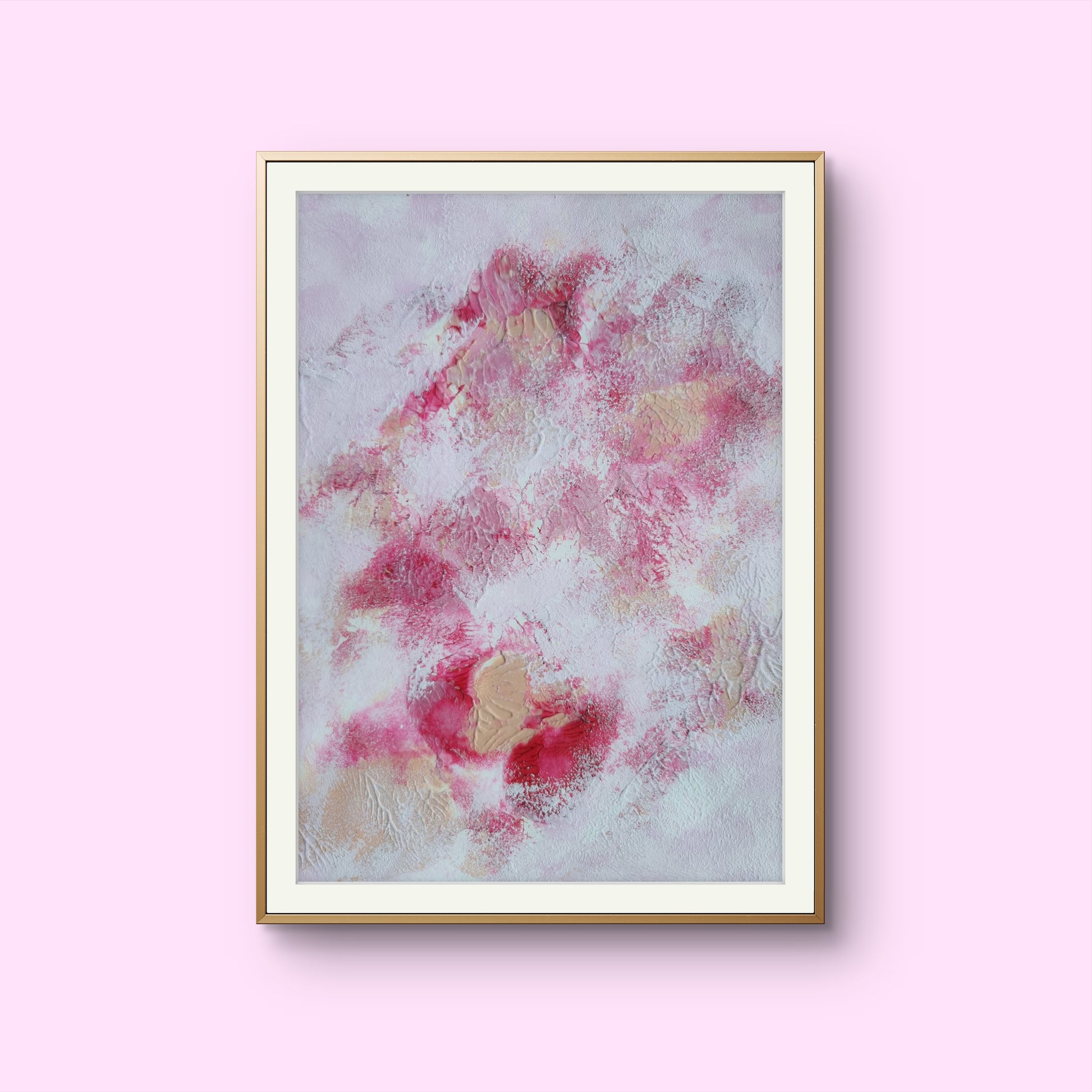 Pink, red and white, Feel good one of one-of-a-kind colorful art poster based on original abstract art created by up-and-coming artist Jeanette Haga as decor for modern home on a white wall
