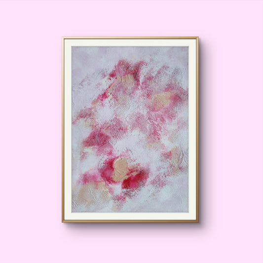 Pink, red and white, Feel good one of one-of-a-kind colorful art poster based on original abstract art created by up-and-coming artist Jeanette Haga as decor for modern home on a white wall