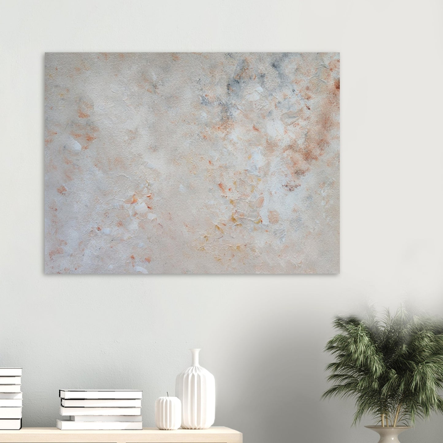 beige, brown and gold, Feel good one of one-of-a-kind colorful art poster based on original abstract art created by up-and-coming artist Jeanette Haga as decor in a modern living room