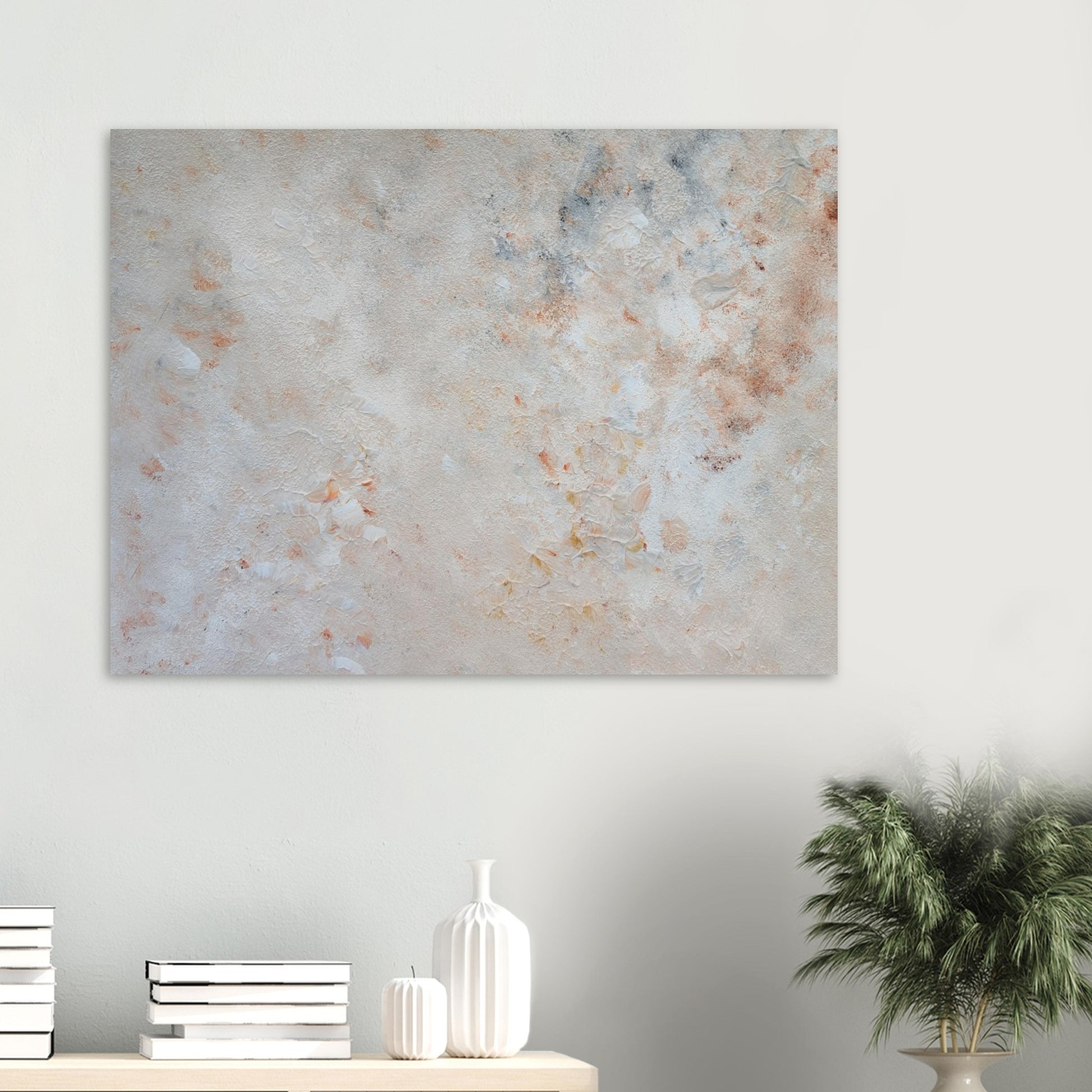 beige, brown and gold, Feel good one of one-of-a-kind colorful art poster based on original abstract art created by up-and-coming artist Jeanette Haga as decor in a modern living room