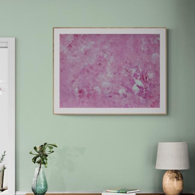Bright red and white one-of-a-kind original acrylic feel-good Scandinavian art painted by Jeanette Haga hanging in a mint-colored modern hallway
