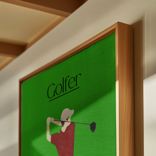 Golfer Green canvas print styled in a modern interior — vivid golf wall art made by Scandinavian up-and-coming artist Jeanette Haga.