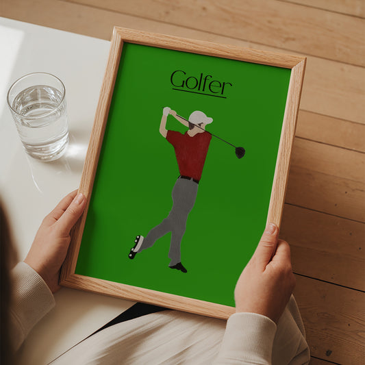 Modern framed Golfer Green artwork styled as bold golf decor — made by Scandinavian up-and-coming artist Jeanette Haga.