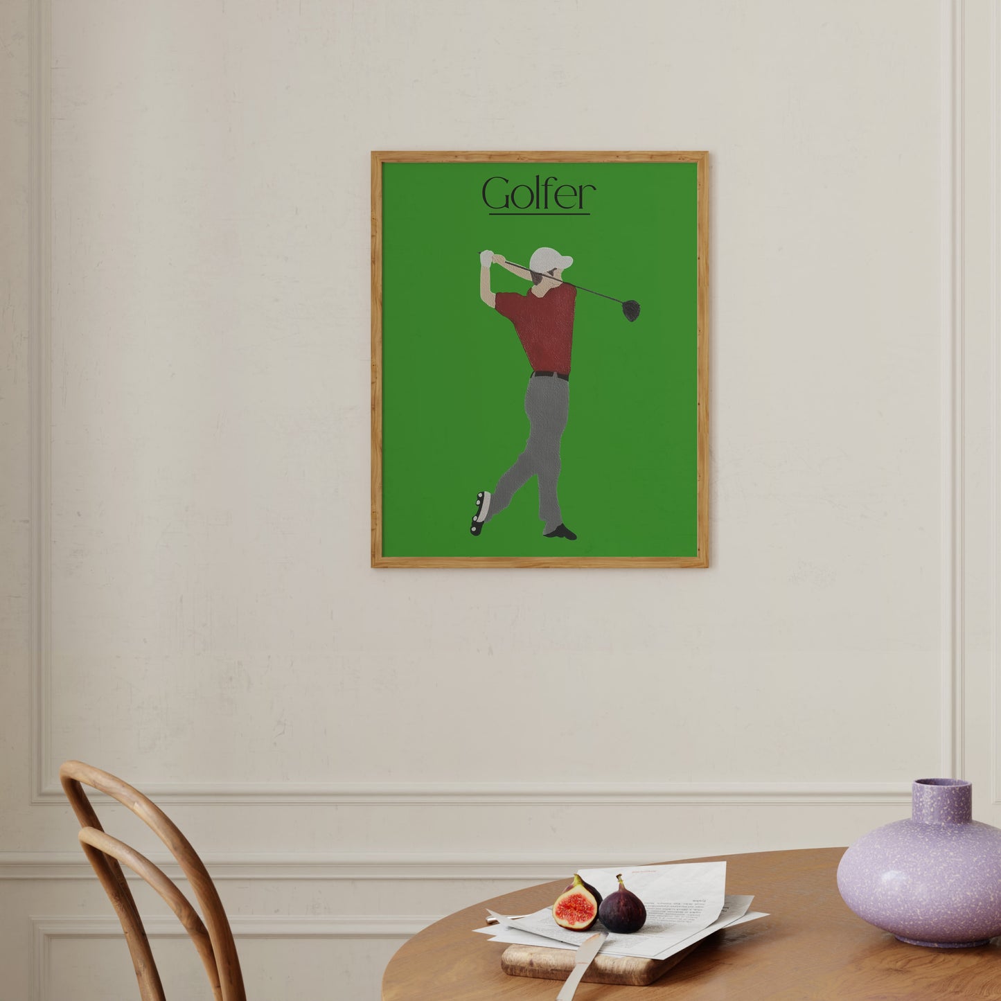 Golfer Green poster mockup featuring a golfer after a swing on a vivid green background — made by Scandinavian up-and-coming artist Jeanette Haga.