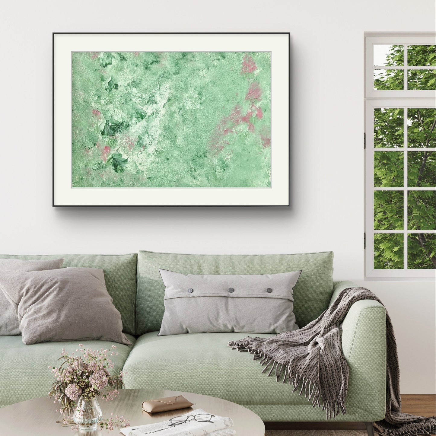 green and pink, Feel good one of one-of-a-kind colorful original abstract art created by up-and-coming scandinavian artist Jeanette Haga as decor in a modern home