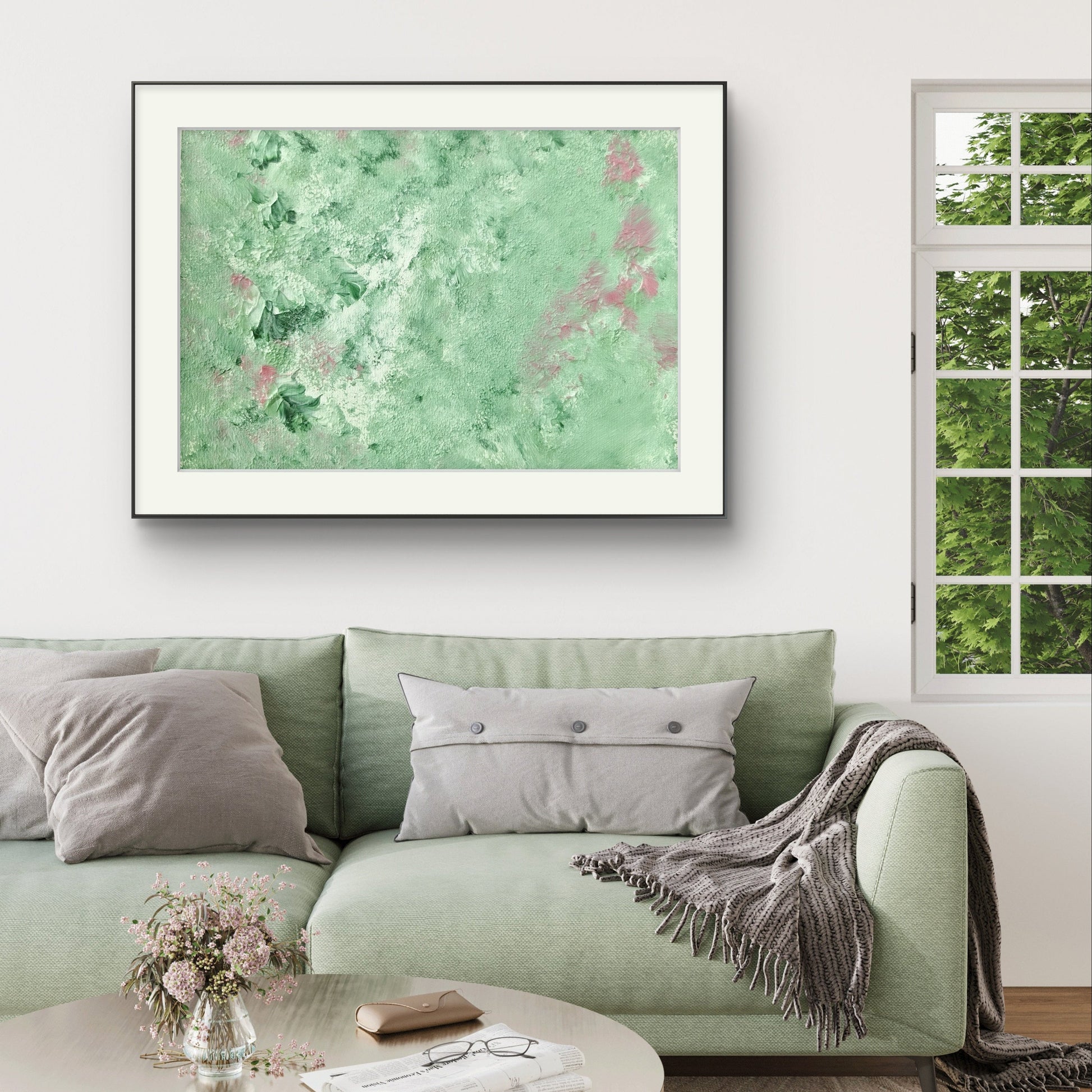 green and pink, Feel good one of one-of-a-kind colorful original abstract art created by up-and-coming scandinavian artist Jeanette Haga as decor in a modern home