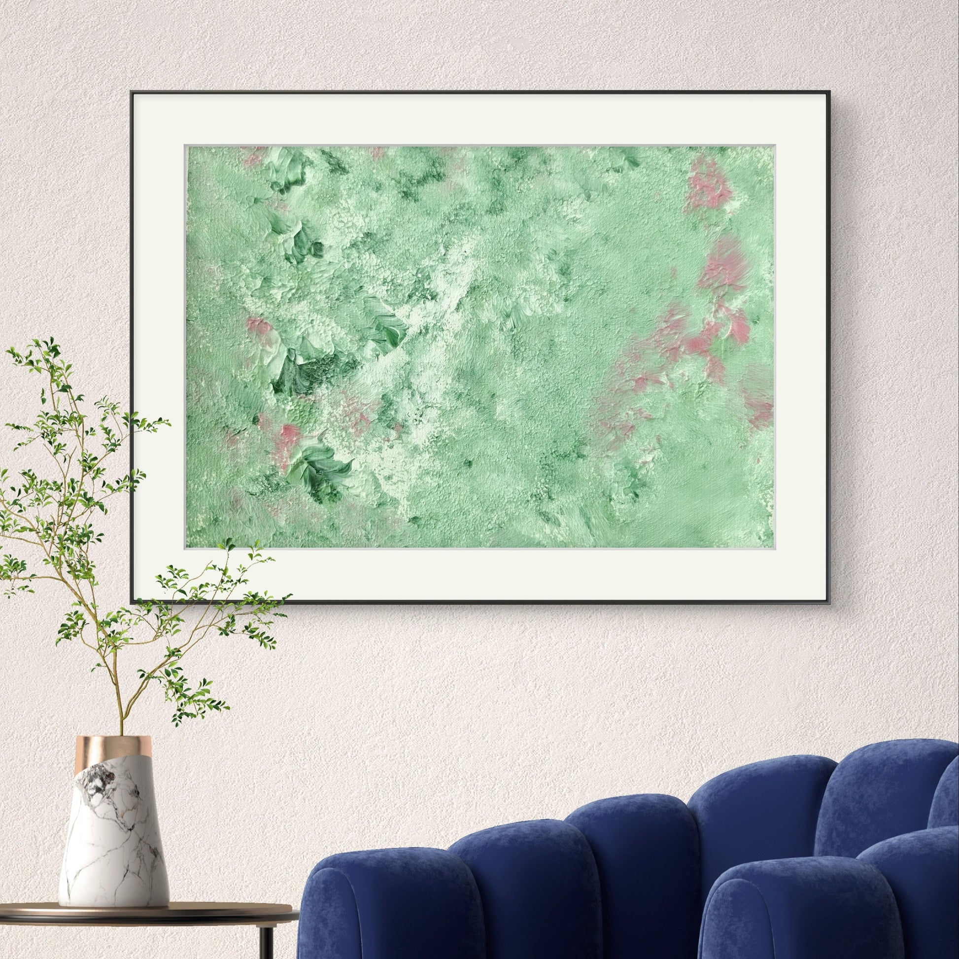 green and pink, Feel good one of one-of-a-kind colorful original abstract art created by up-and-coming scandinavian artist Jeanette Haga as decor in a modern home