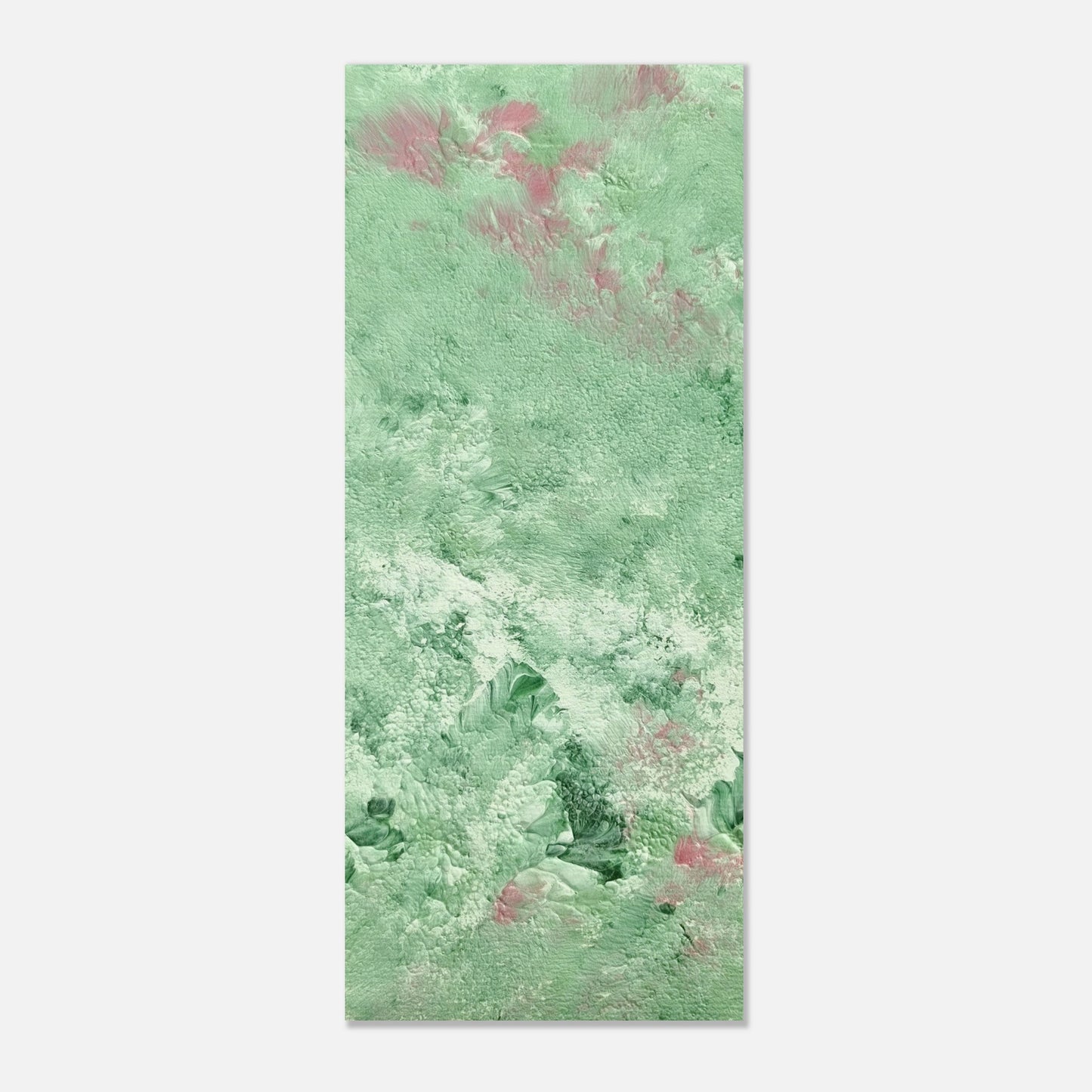 green abstract colorful with happy colors art poster based on an original acrylic one of a kind painting for home decor on wall hanging vertically on a grey wall