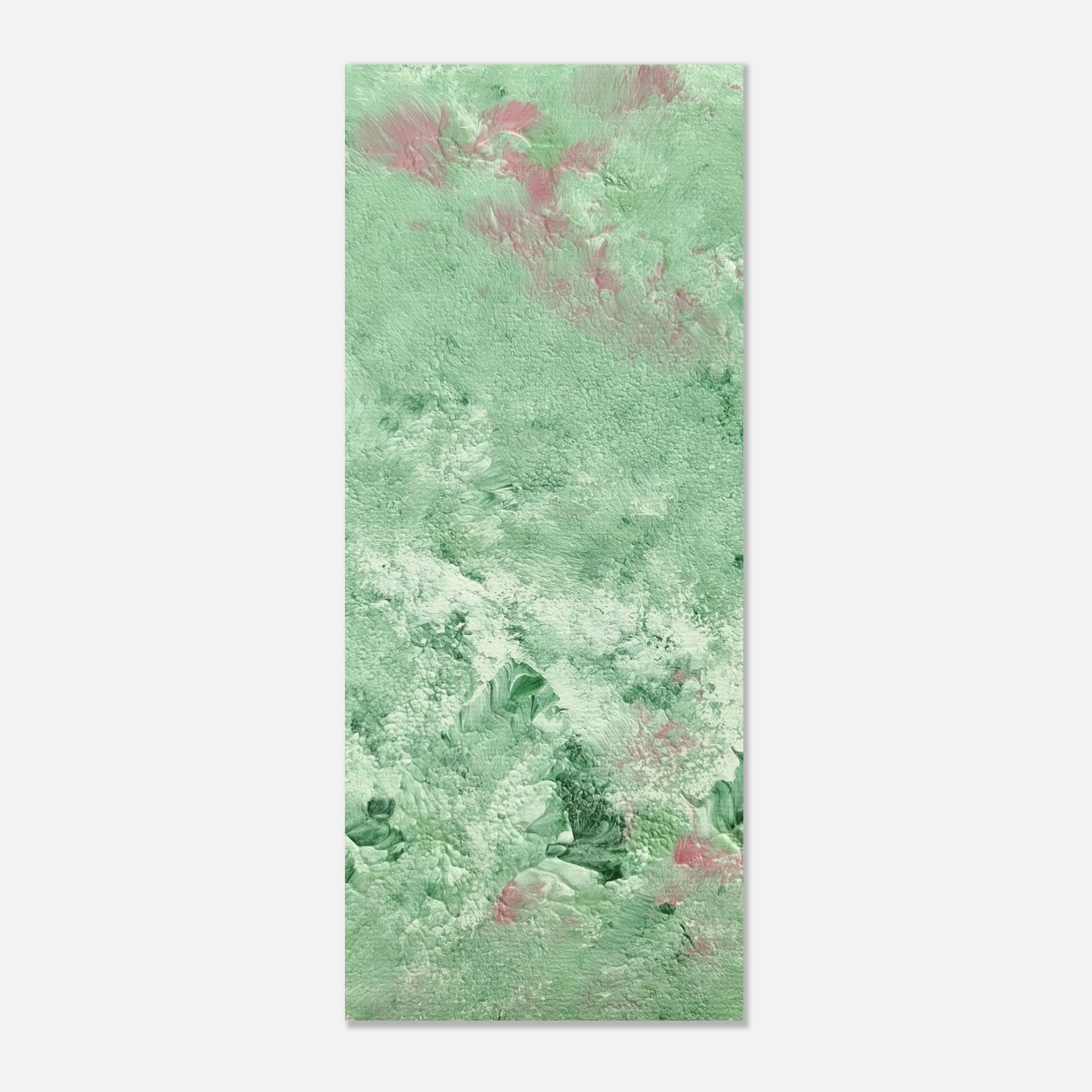 green abstract colorful with happy colors art poster based on an original acrylic one of a kind painting for home decor on wall hanging vertically on a grey wall