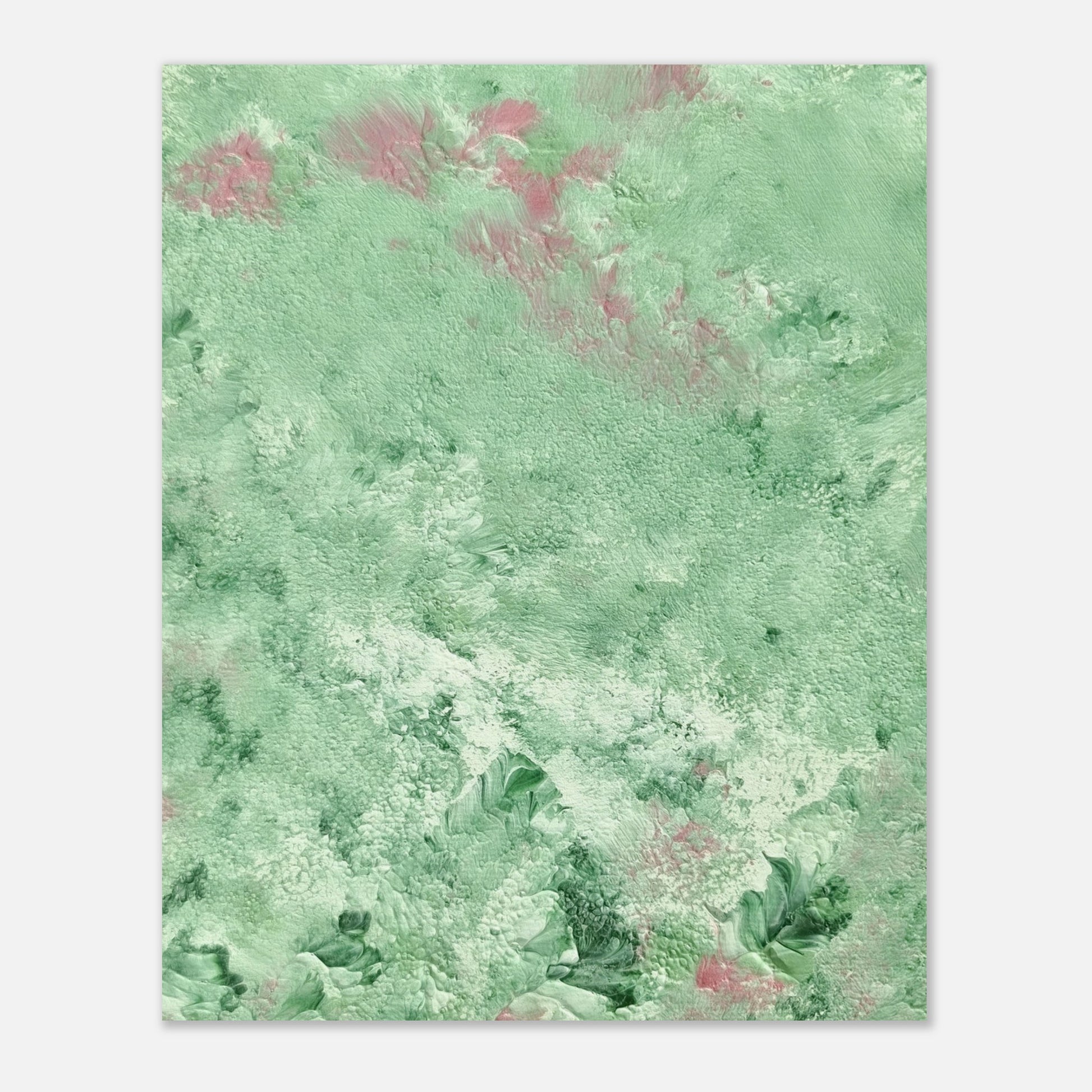 green abstract colorful with happy colors art poster based on an original acrylic one of a kind painting for home decor on wall hanging vertically on a grey wall