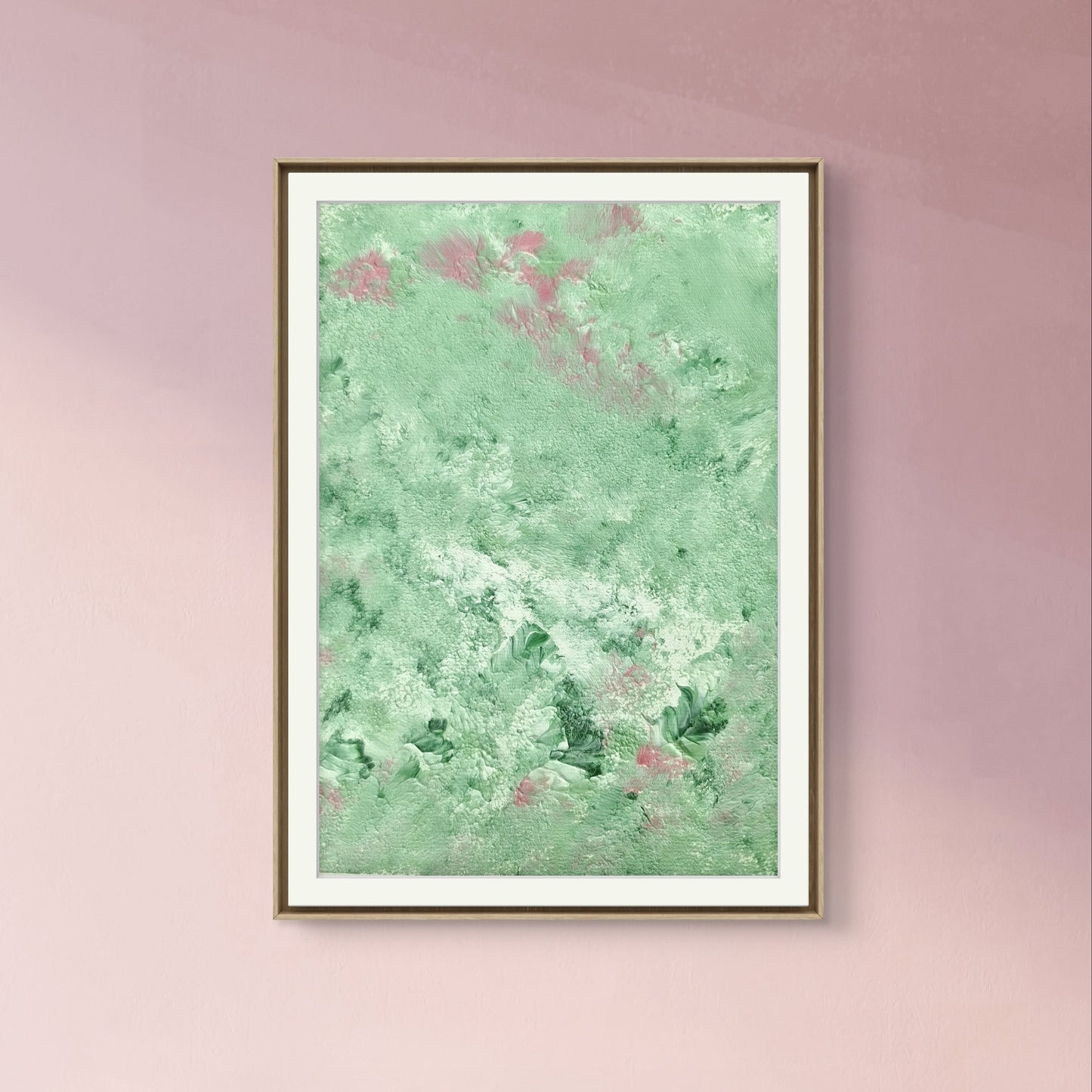 green and pink, Feel good one of one-of-a-kind colorful original abstract art created by up-and-coming scandinavian artist Jeanette Haga as decor in a modern home