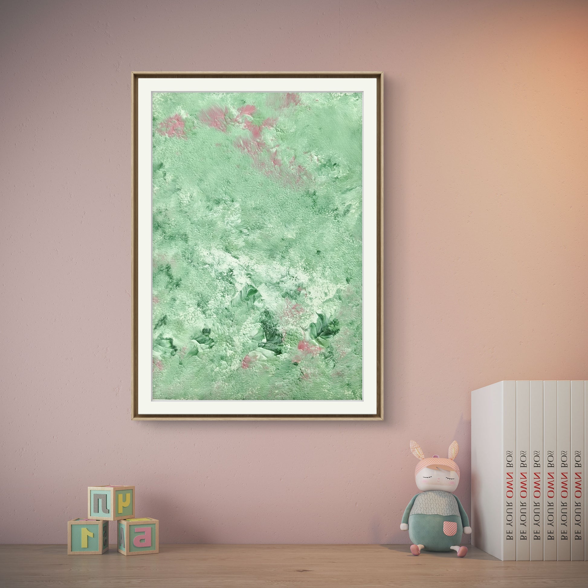 green and pink, Feel good one of one-of-a-kind colorful original abstract art created by up-and-coming scandinavian artist Jeanette Haga as decor in a modern home