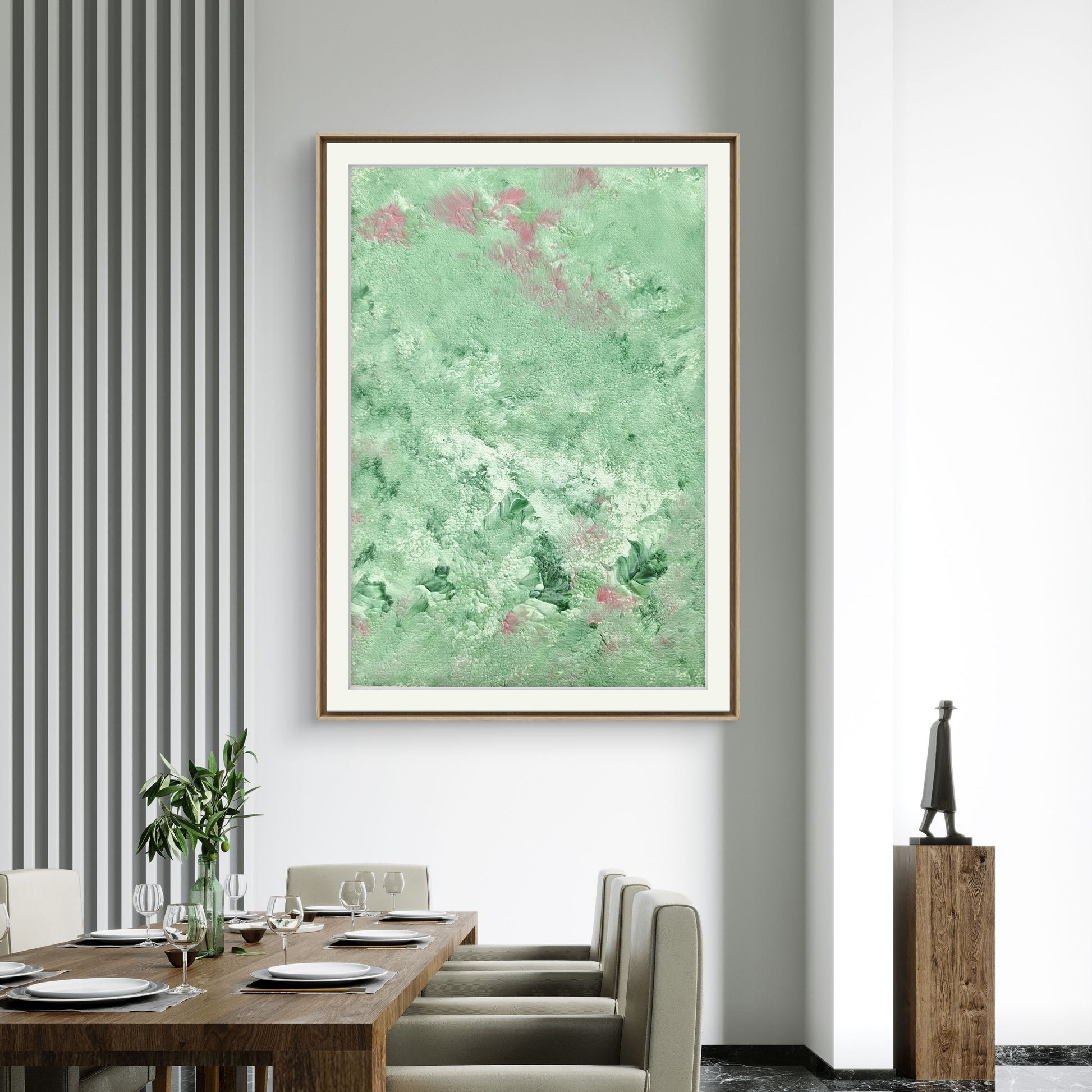 green and pink, Feel good one of one-of-a-kind colorful original abstract art created by up-and-coming scandinavian artist Jeanette Haga as decor in a modern home
