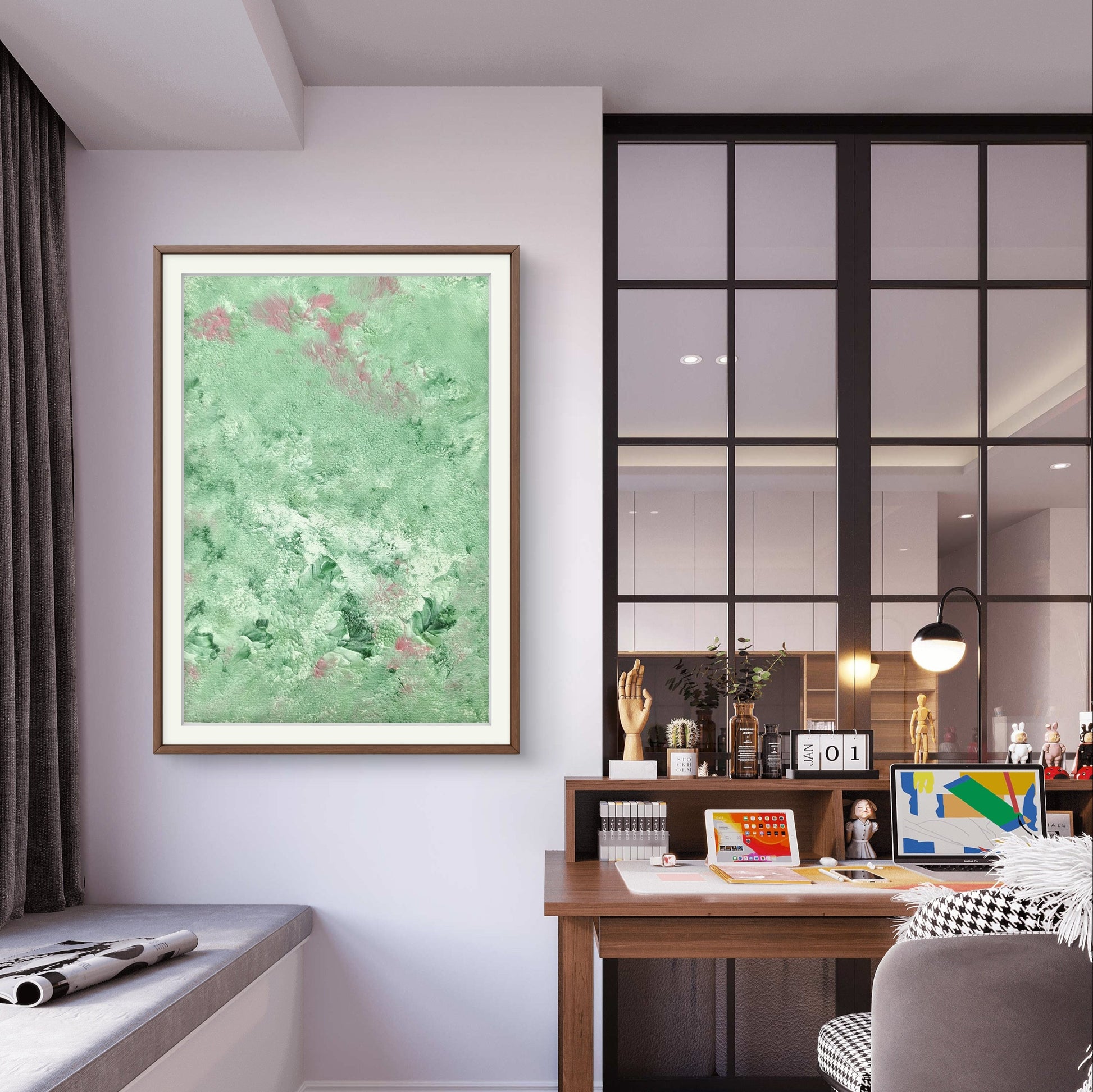 green and pink, Feel good one of one-of-a-kind colorful original abstract art created by up-and-coming scandinavian artist Jeanette Haga as decor in a modern home