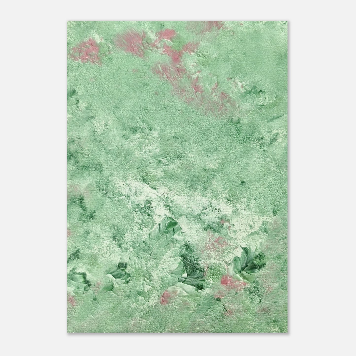 green abstract colorful with happy colors art poster based on an original acrylic one of a kind painting for home decor on wall hanging vertically on a grey wall